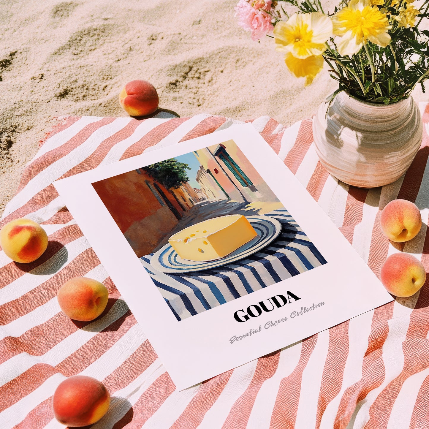 Gouda – Italian Outdoor Café Scene, Cheese Wall Painting, unframed on coastal sand