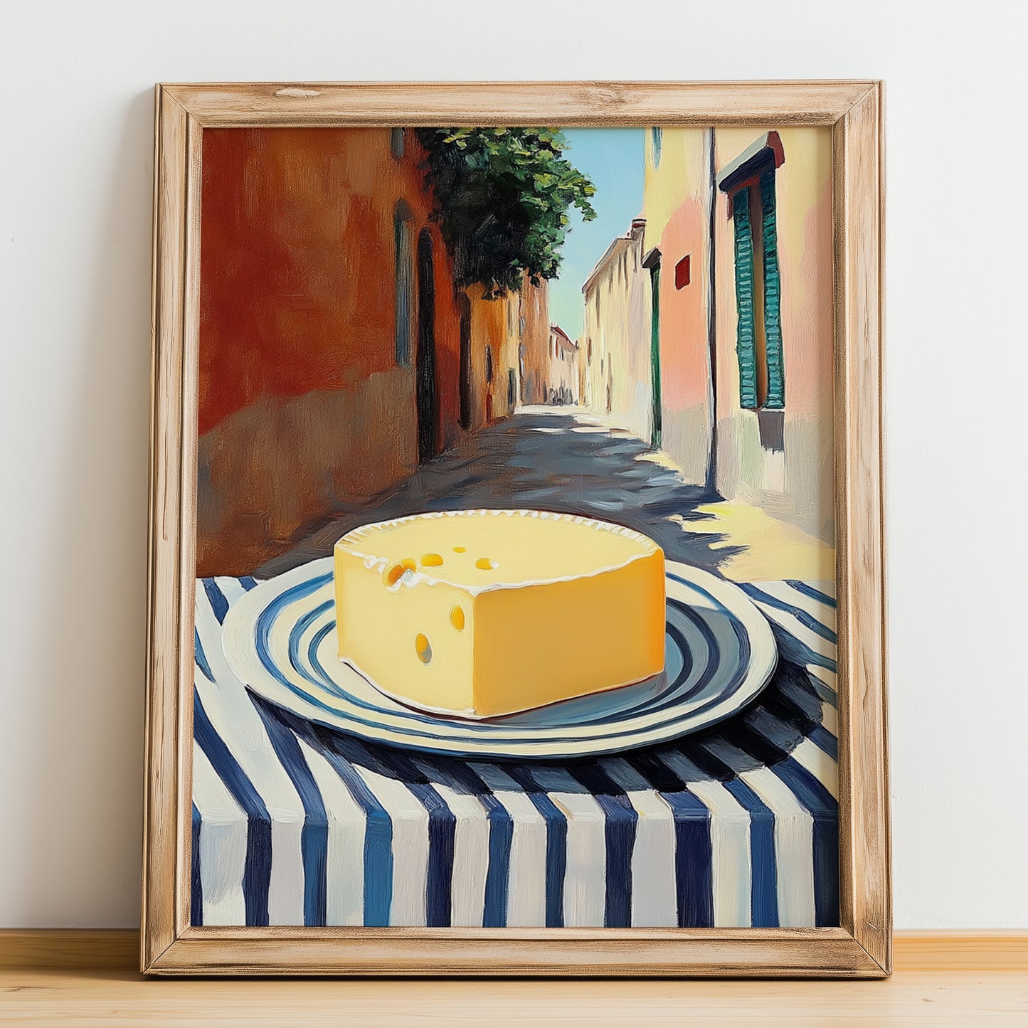 Gouda – Italian Outdoor Café Scene, Cheese Wall Painting, no-text version framed in wood