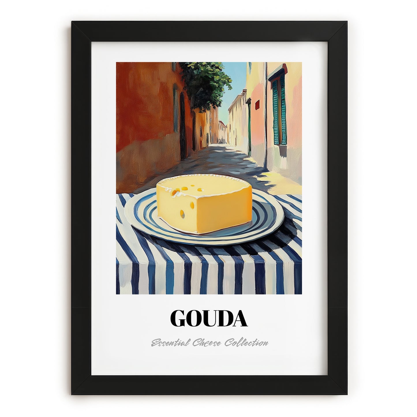 Gouda – Italian Outdoor Café Scene, Cheese Wall Painting, in sleek black frame