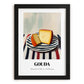 Gouda – on Striped Tablecloth, Cheese Painting, in sleek black frame