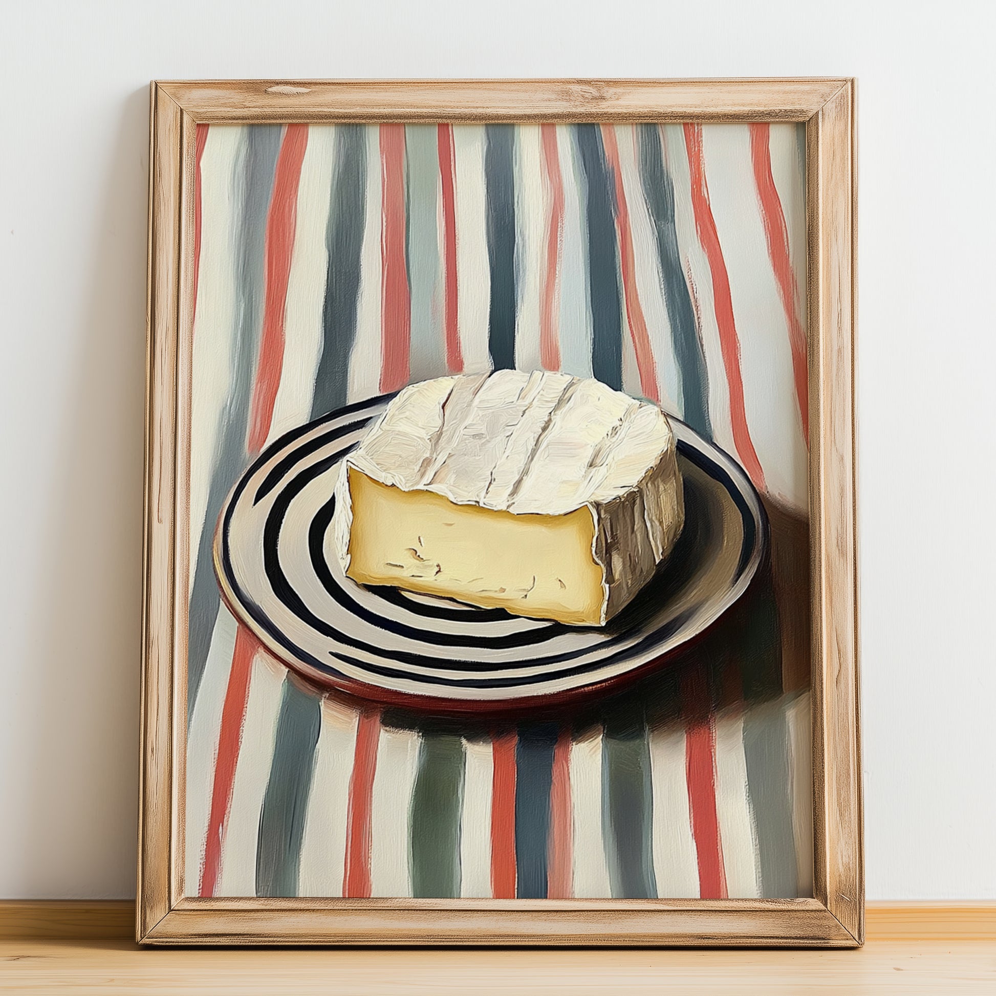 Camembert – on Striped Tablecloth, Cheese Painting, no-text version framed in wood