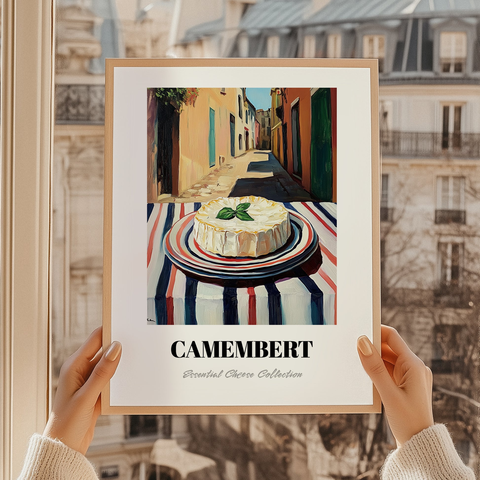 Camembert – Italian Outdoor Café Scene, Cheese Illustration, styled in a charming Paris street view