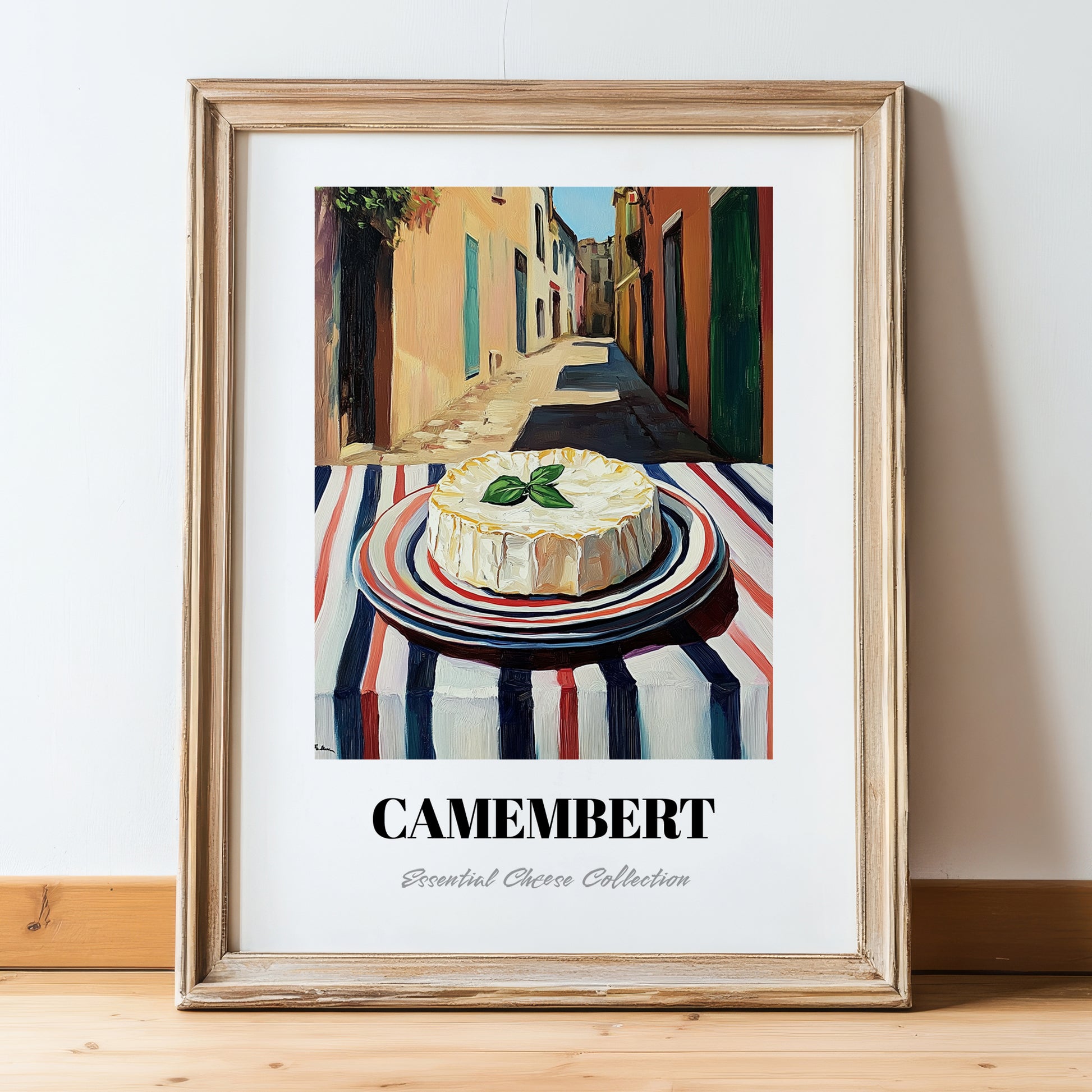 Camembert – Italian Outdoor Café Scene, Cheese Illustration, in wooden frame leaning on the floor