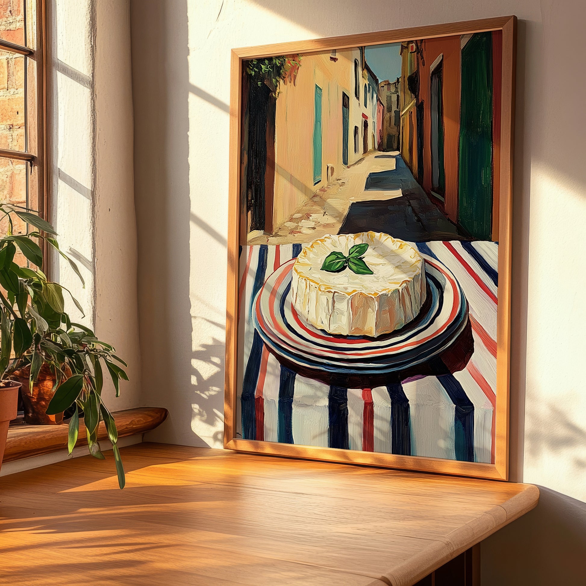 Camembert – Italian Outdoor Café Scene, Cheese Illustration, clean layout with no caption