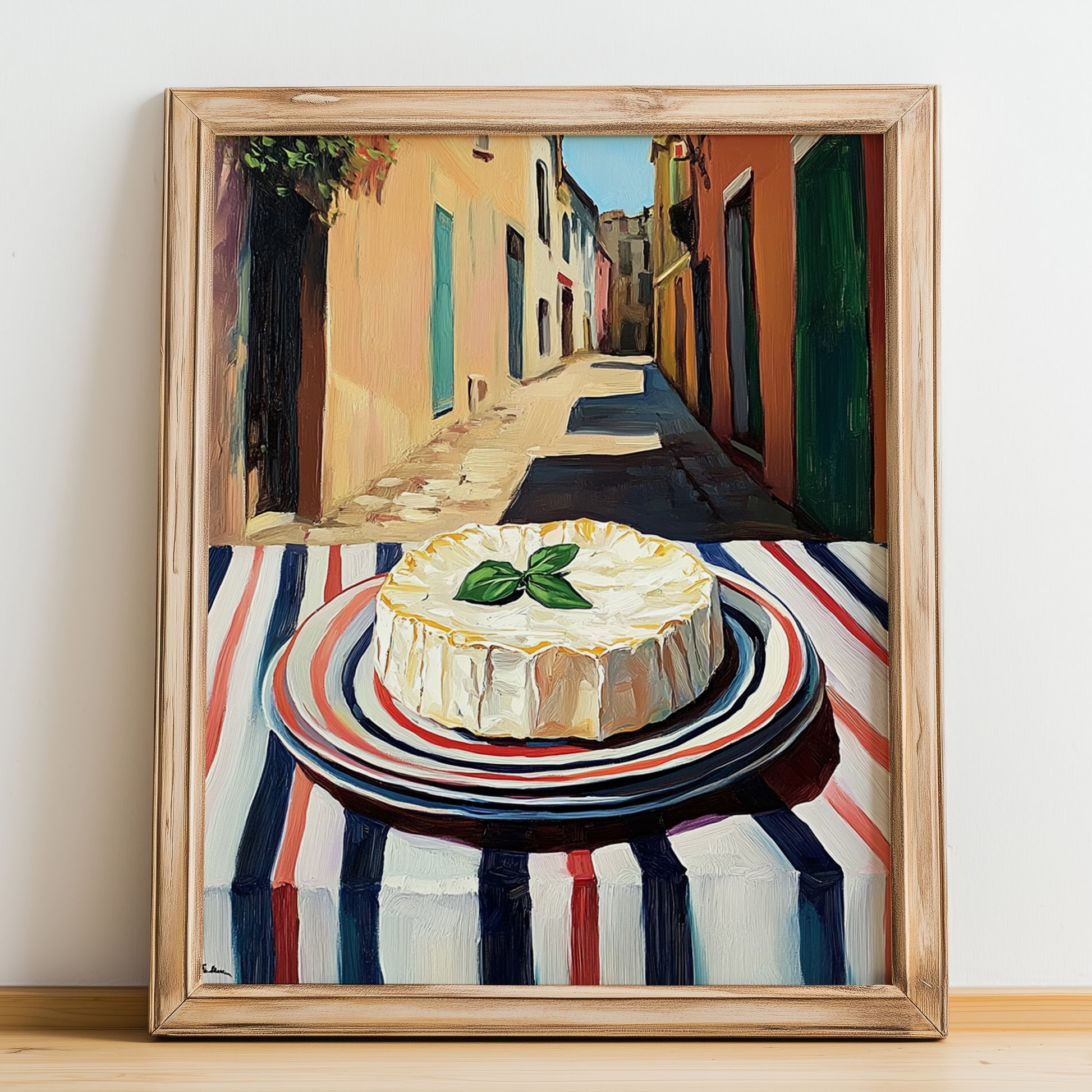 Camembert – Italian Outdoor Café Scene, Cheese Illustration, no-text version framed in wood