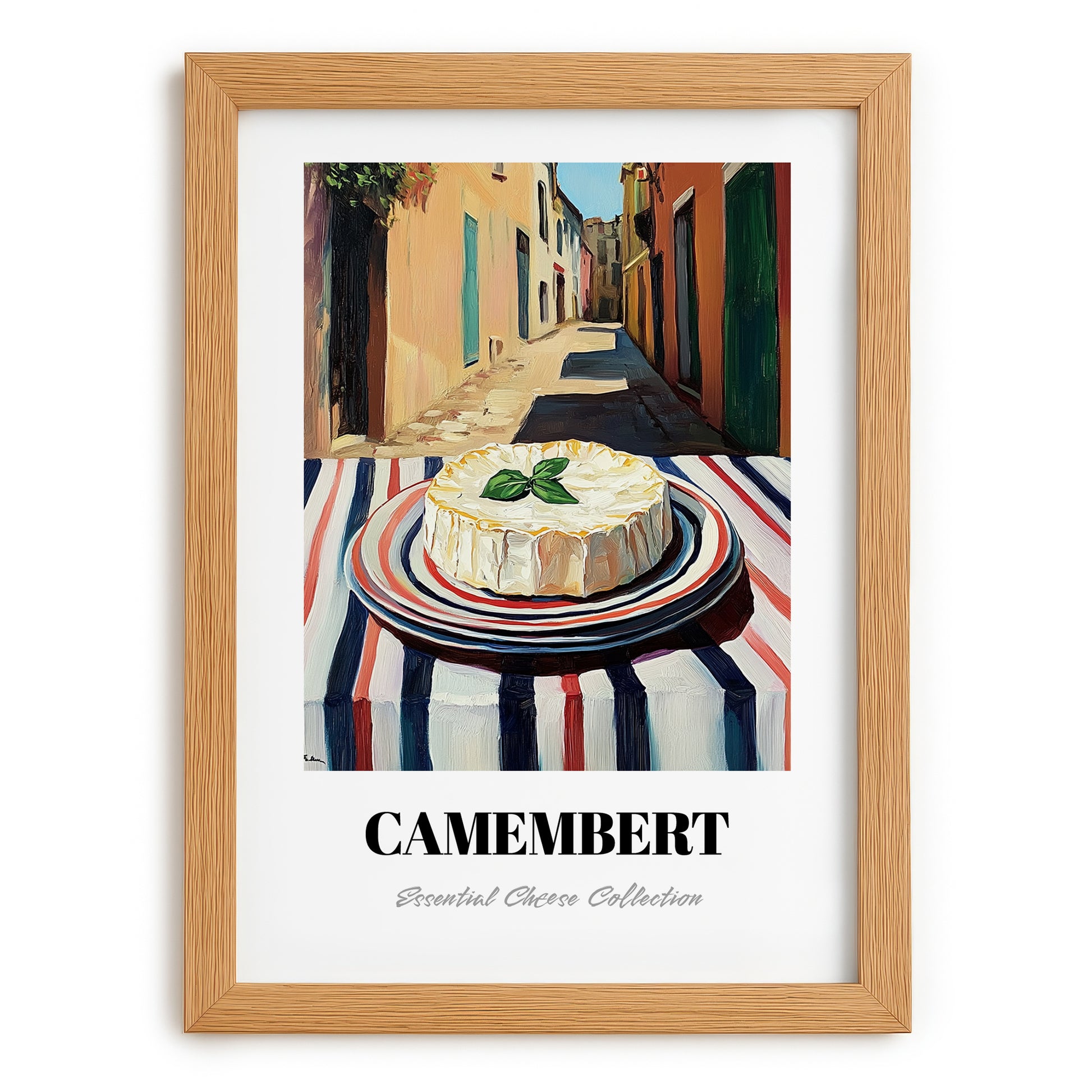 Camembert – Italian Outdoor Café Scene, Cheese Illustration, set in oak frame