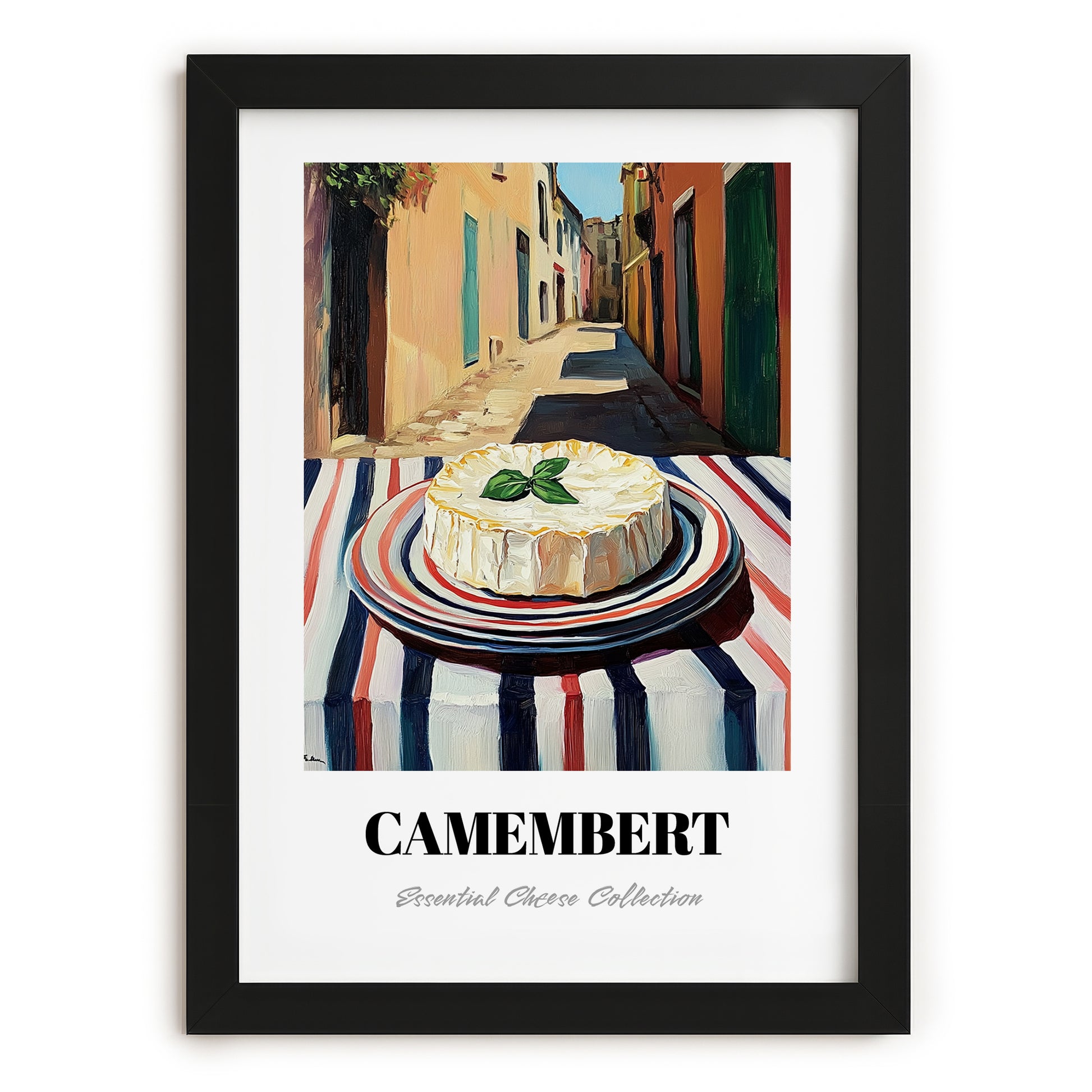 Camembert – Italian Outdoor Café Scene, Cheese Illustration, in sleek black frame