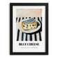 Blue – on Striped Tablecloth, Cheese Poster, in sleek black frame
