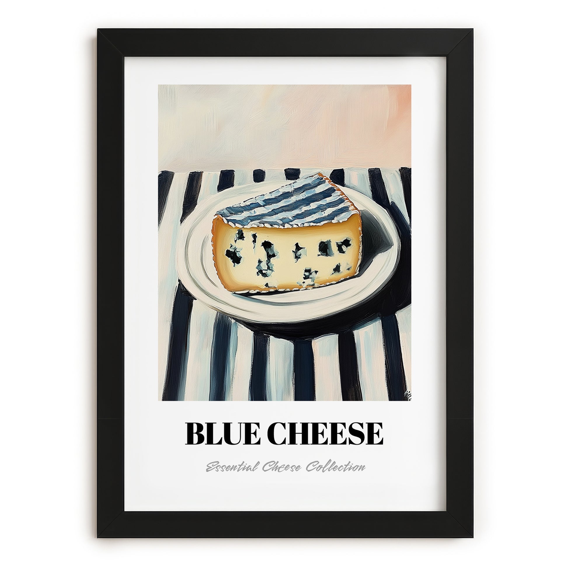 Blue – on Striped Tablecloth, Cheese Poster, in sleek black frame