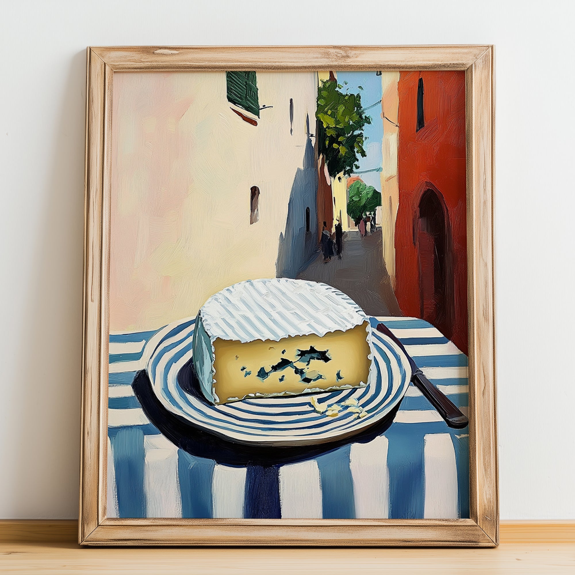 Blue – Italian Café on the Corner, Cheese Wall Decor, no-text version framed in wood
