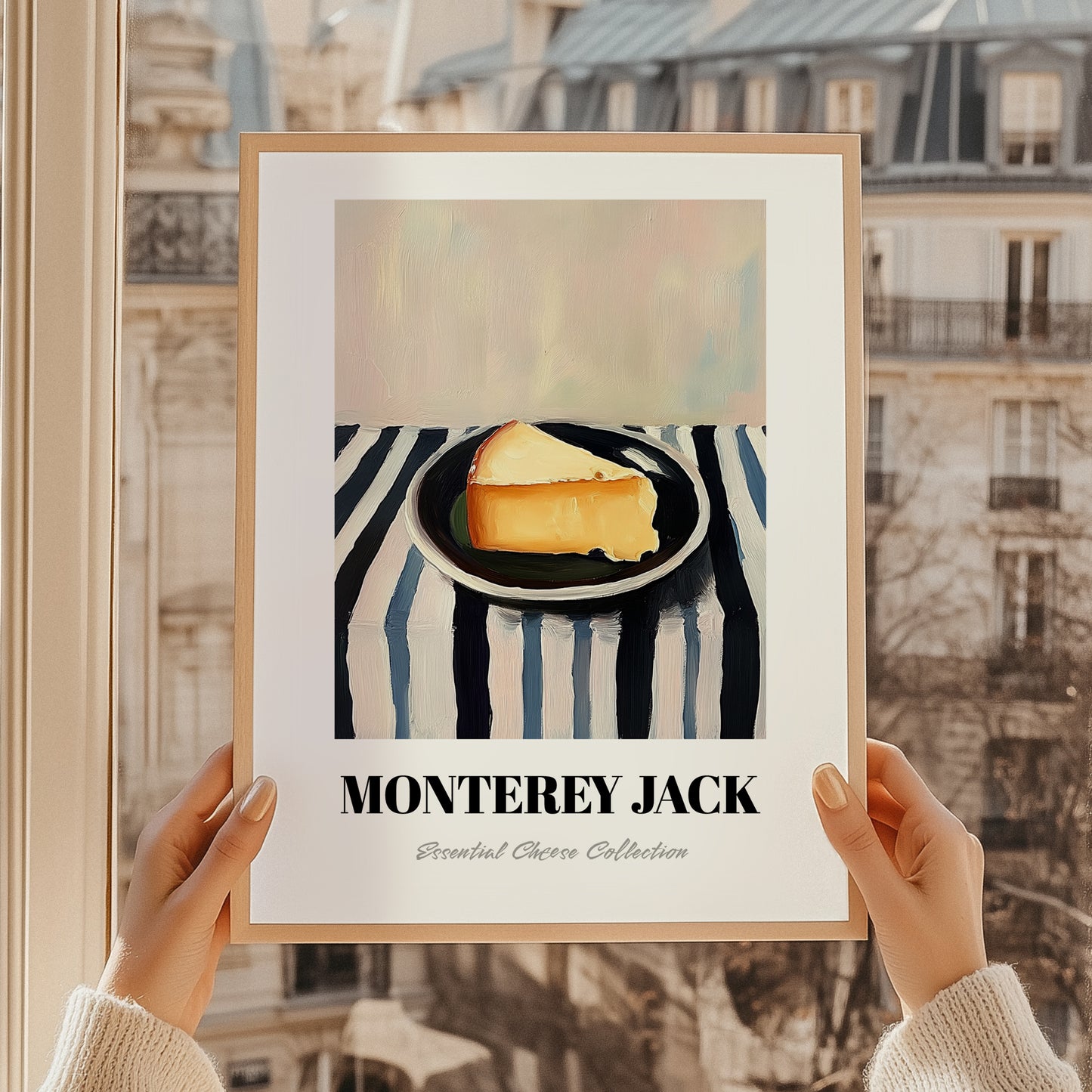 Monterey Jack – on Striped Tablecloth, Cheese Wall Art, styled in a charming Paris street view