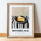 Monterey Jack – on Striped Tablecloth, Cheese Wall Art, in wooden frame leaning on the floor