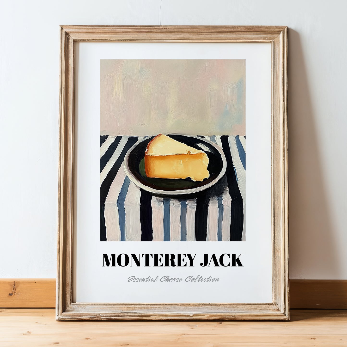 Monterey Jack – on Striped Tablecloth, Cheese Wall Art, in wooden frame leaning on the floor