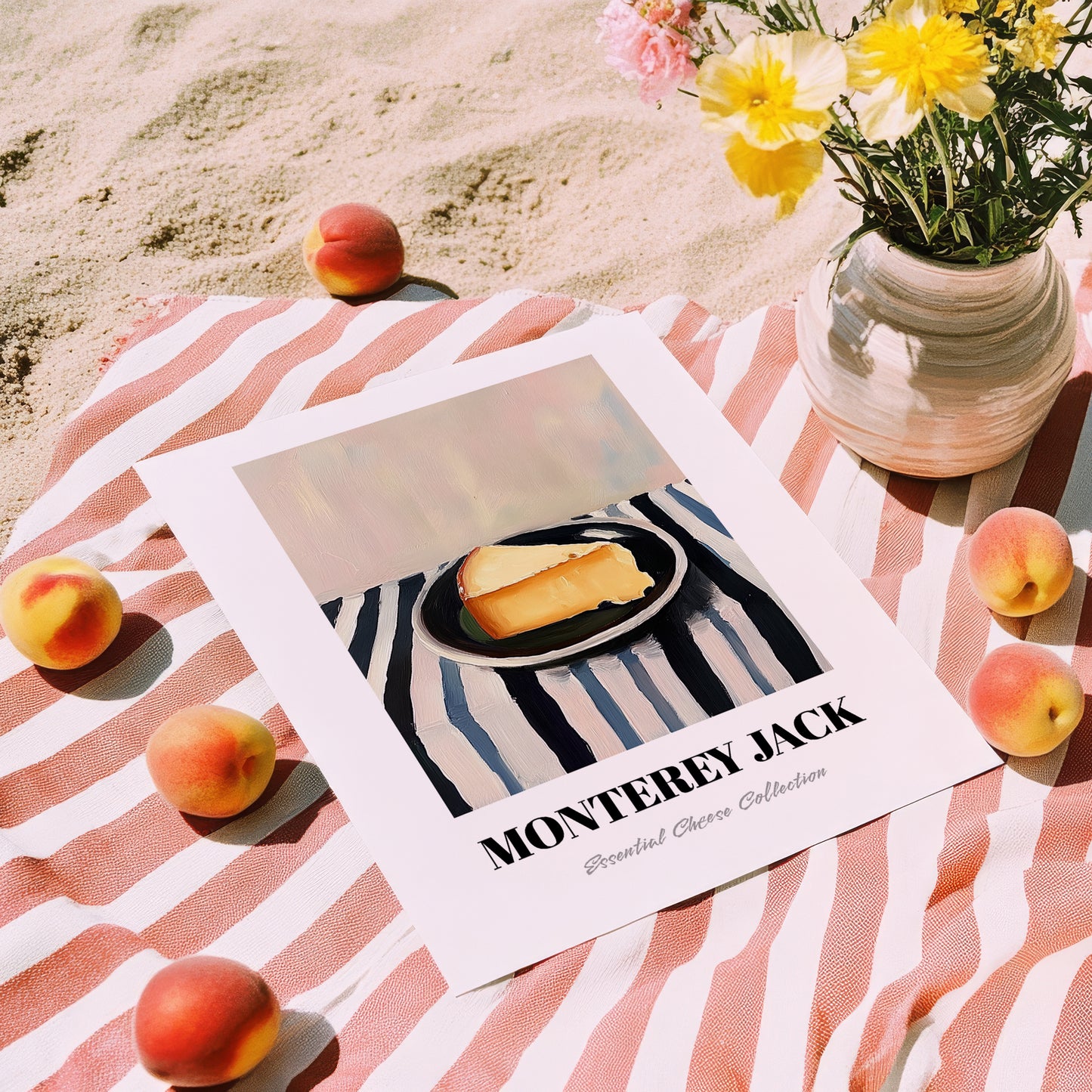 Monterey Jack – on Striped Tablecloth, Cheese Wall Art, unframed on coastal sand