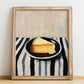 Monterey Jack – on Striped Tablecloth, Cheese Wall Art, no-text version framed in wood