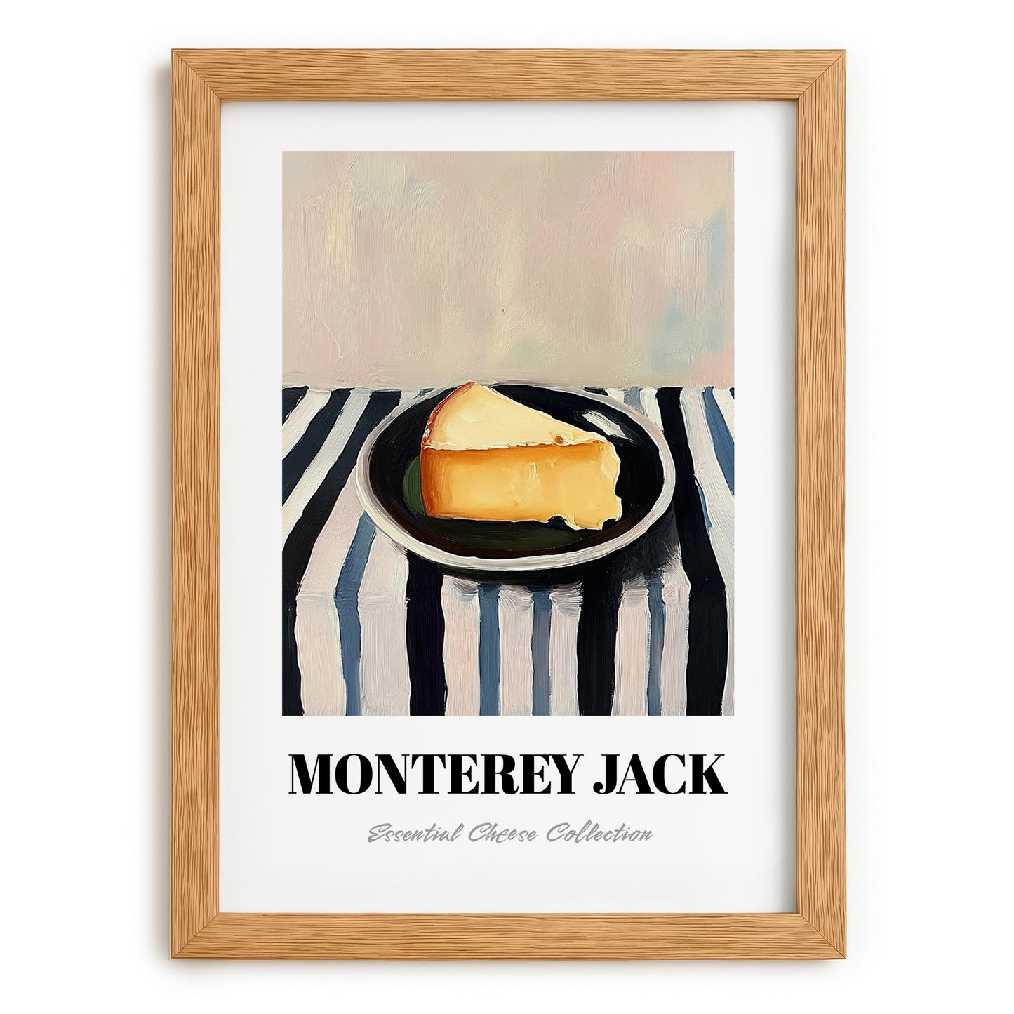 Monterey Jack – on Striped Tablecloth, Cheese Wall Art, set in oak frame
