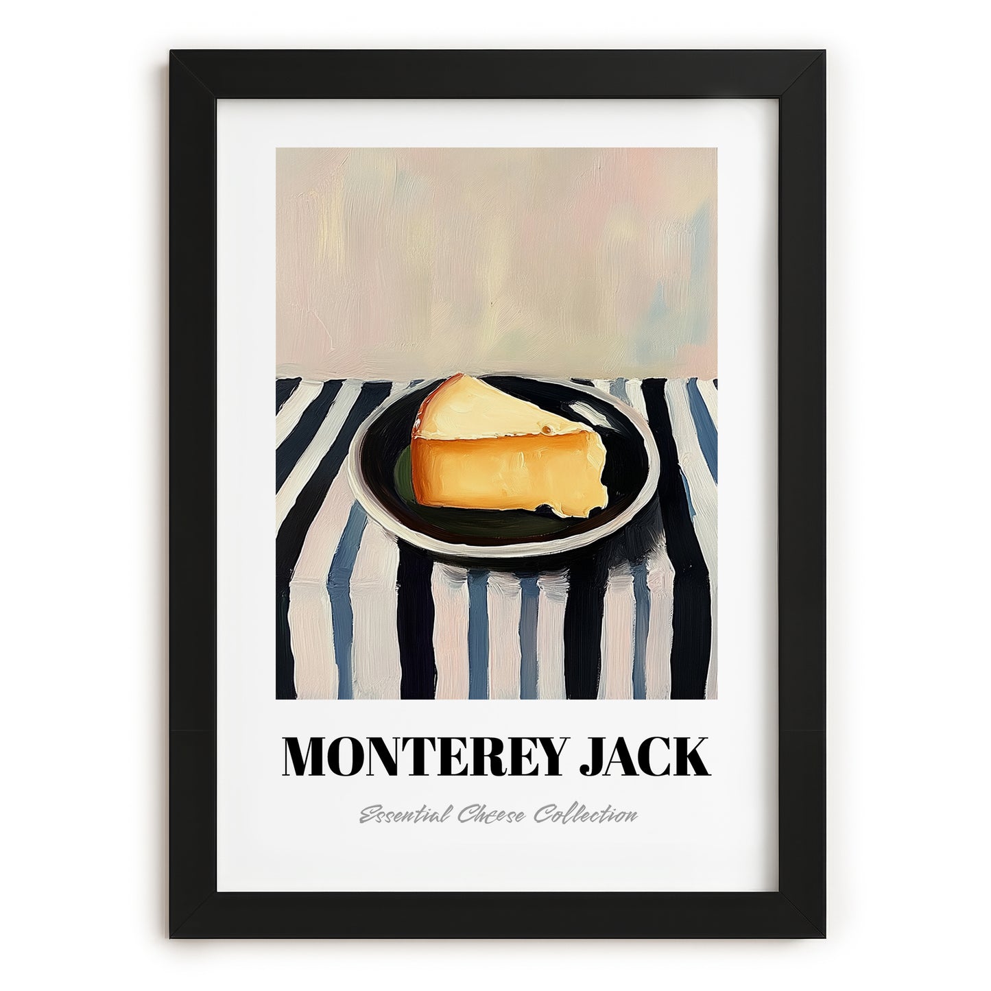 Monterey Jack – on Striped Tablecloth, Cheese Wall Art, in sleek black frame