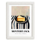 Monterey Jack – on Striped Tablecloth, Cheese Wall Art, placed in minimal white frame