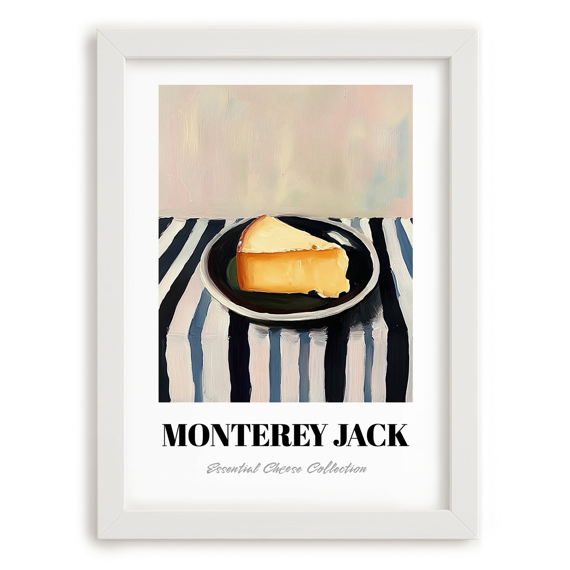 Monterey Jack – on Striped Tablecloth, Cheese Wall Art, placed in minimal white frame