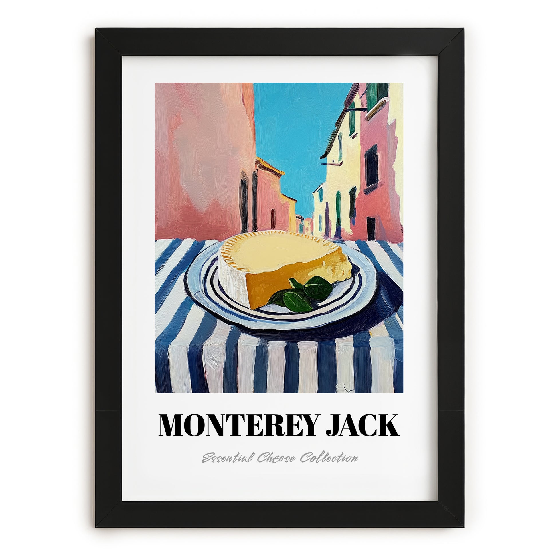 Monterey Jack – Italian Street Café Scene, Cheese Wall Decor, in sleek black frame
