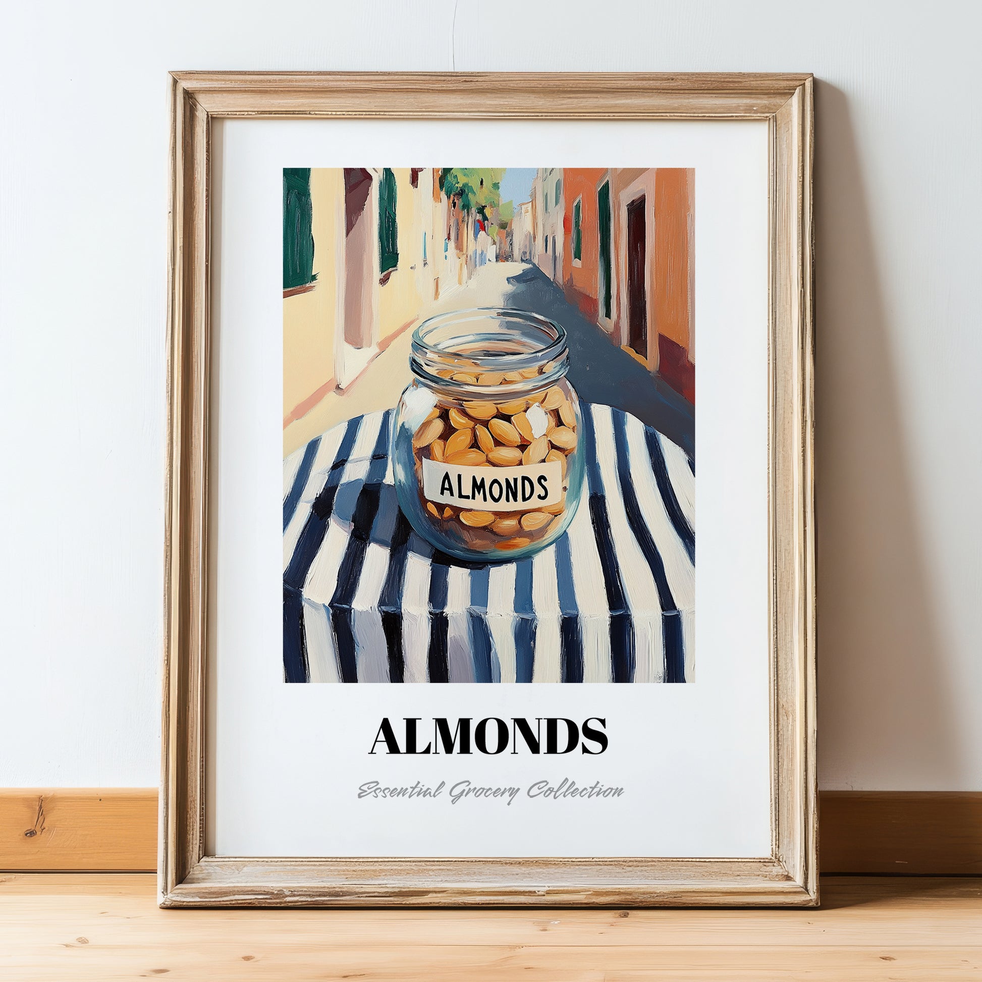 Almonds – Italian Café on the Corner, Nuts Wall Decor, in wooden frame leaning on the floor