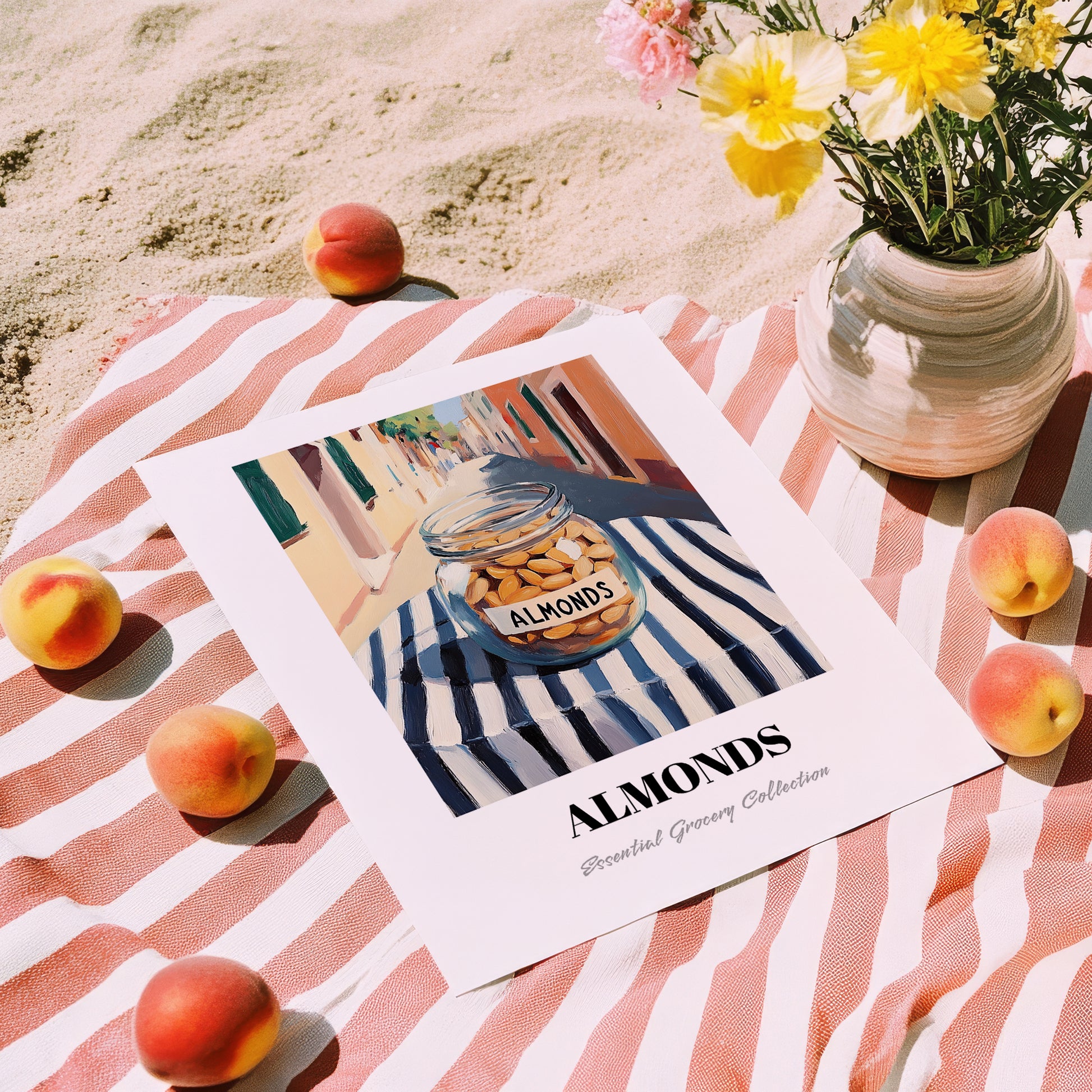 Almonds – Italian Café on the Corner, Nuts Wall Decor, unframed on coastal sand