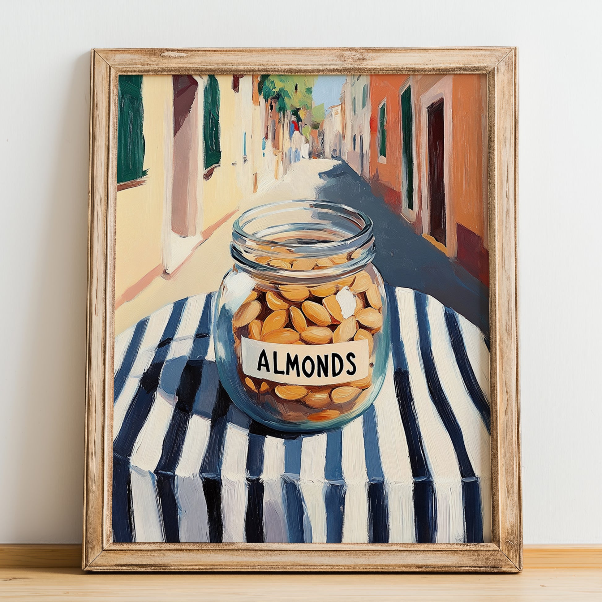 Almonds – Italian Café on the Corner, Nuts Wall Decor, no-text version framed in wood