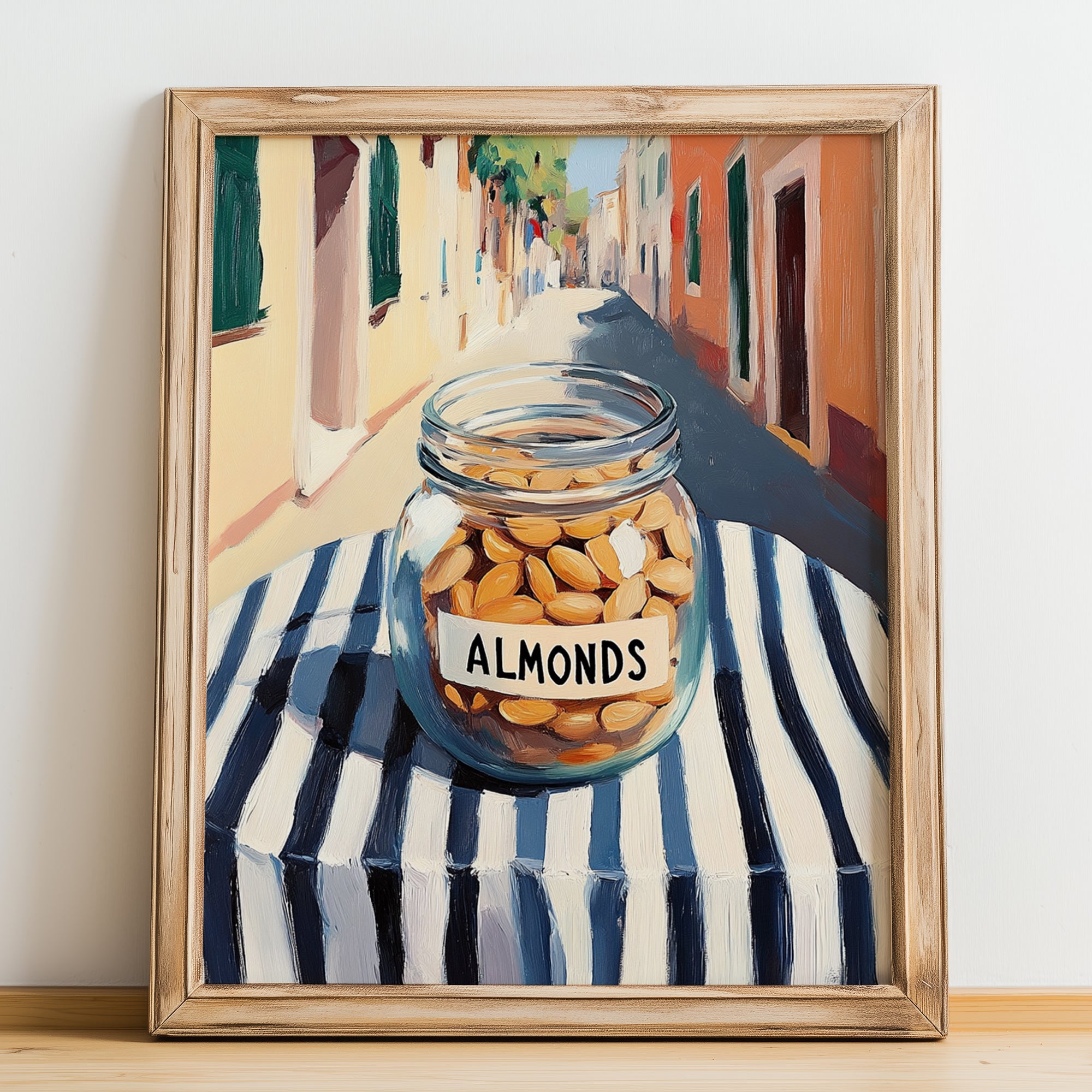 Almonds – Italian Café on the Corner, Nuts Wall Decor, no-text version framed in wood
