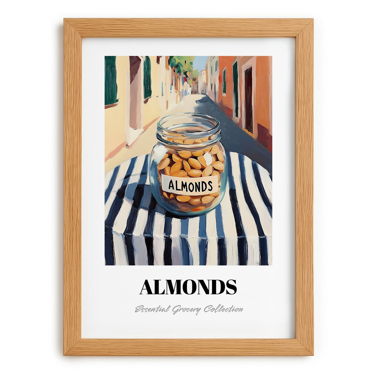Almonds – Italian Café on the Corner, Nuts Wall Decor, set in oak frame