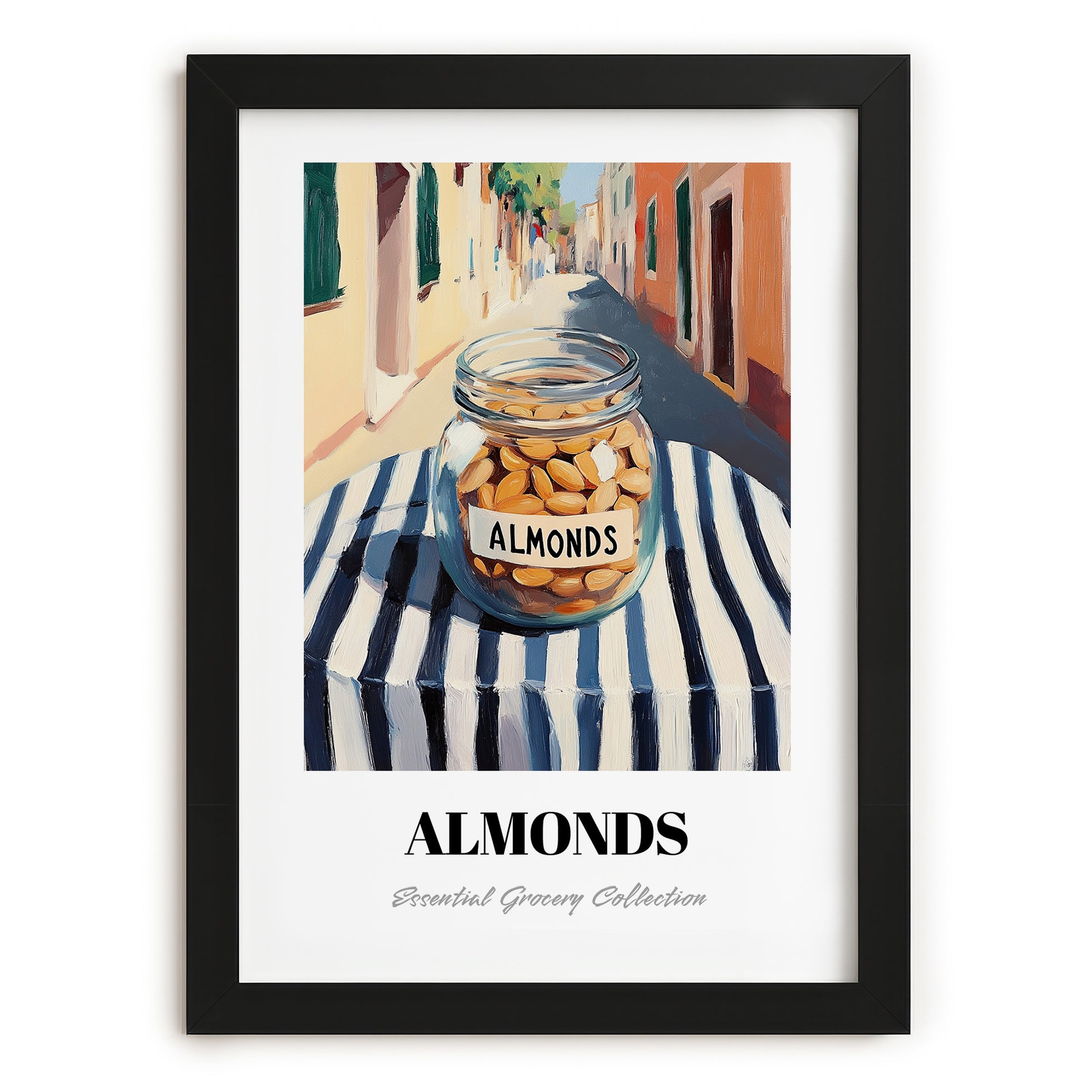 Almonds – Italian Café on the Corner, Nuts Wall Decor, in sleek black frame