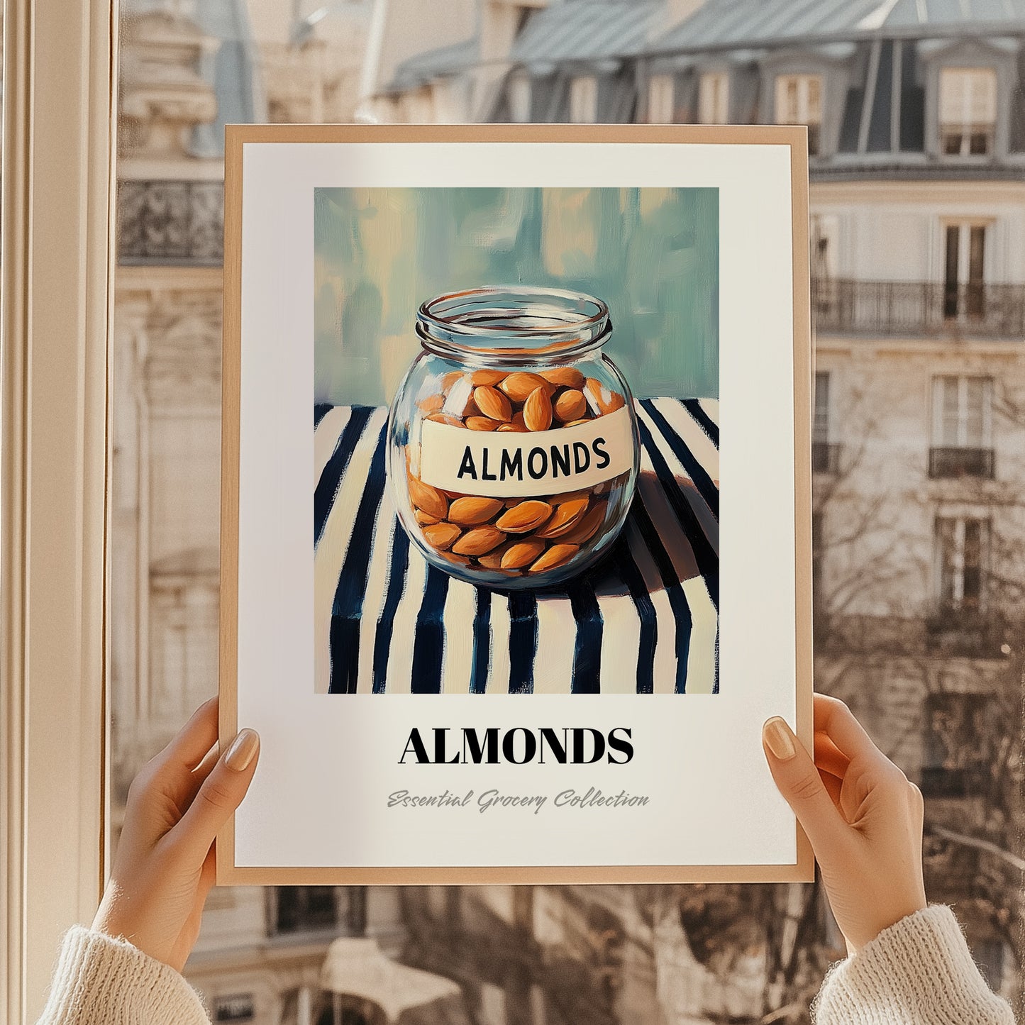 Almonds – on Striped Tablecloth, Nuts Illustration, styled in a charming Paris street view
