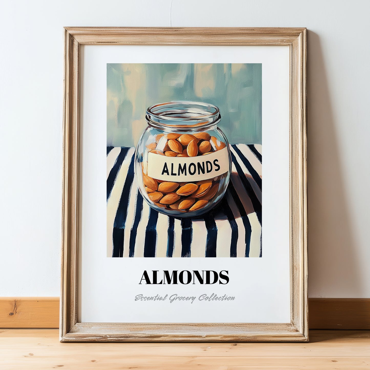 Almonds – on Striped Tablecloth, Nuts Illustration, in wooden frame leaning on the floor
