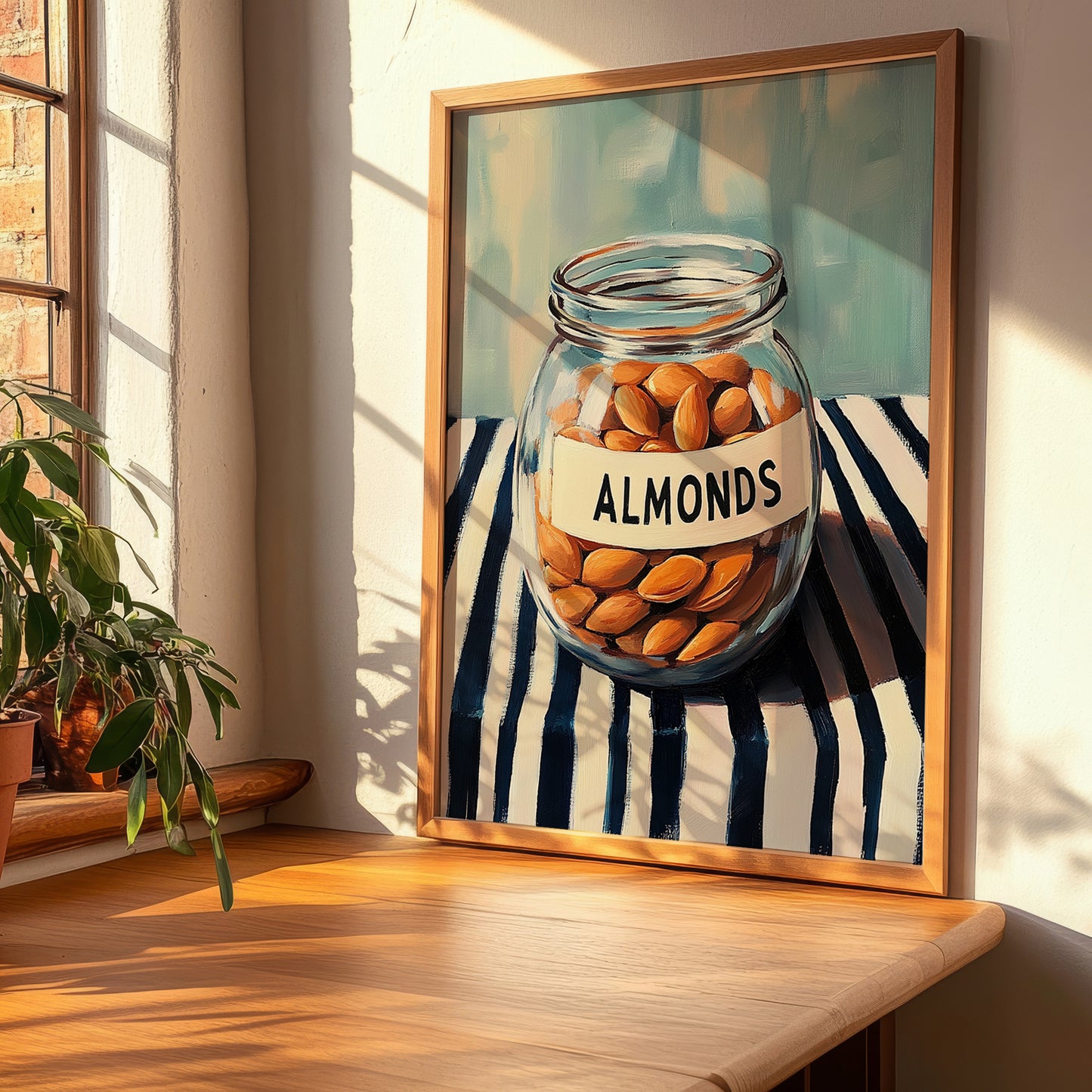 Almonds – on Striped Tablecloth, Nuts Illustration, clean layout with no caption