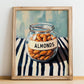 Almonds – on Striped Tablecloth, Nuts Illustration, no-text version framed in wood