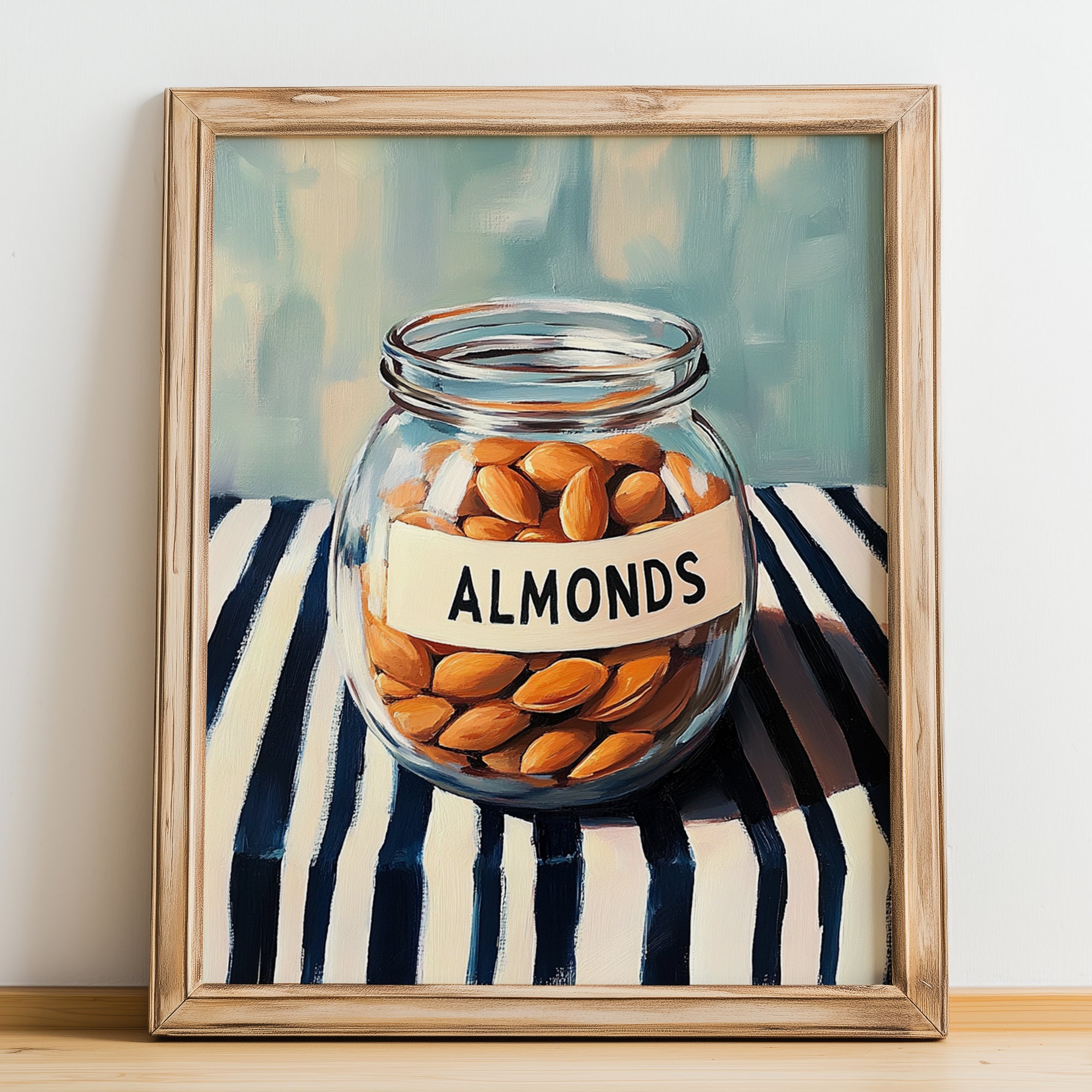 Almonds – on Striped Tablecloth, Nuts Illustration, no-text version framed in wood