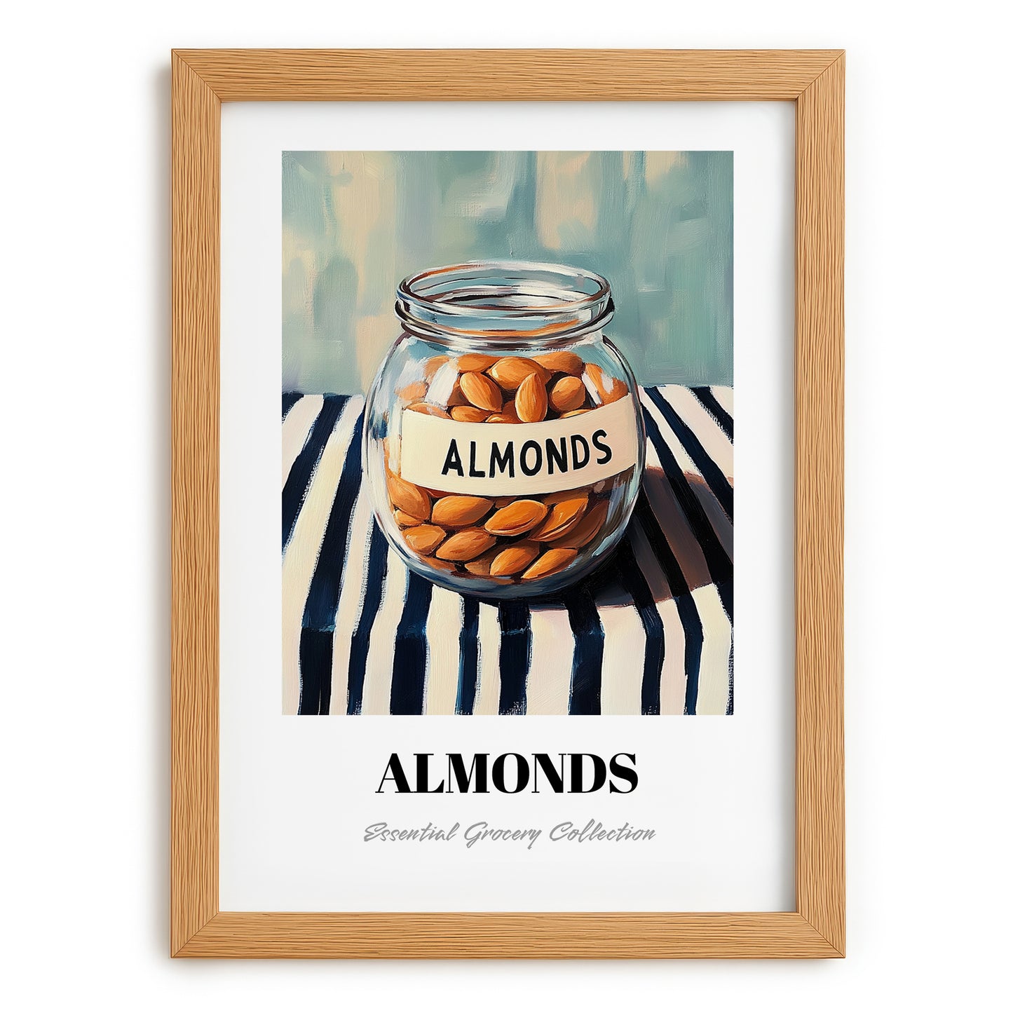 Almonds – on Striped Tablecloth, Nuts Illustration, set in oak frame