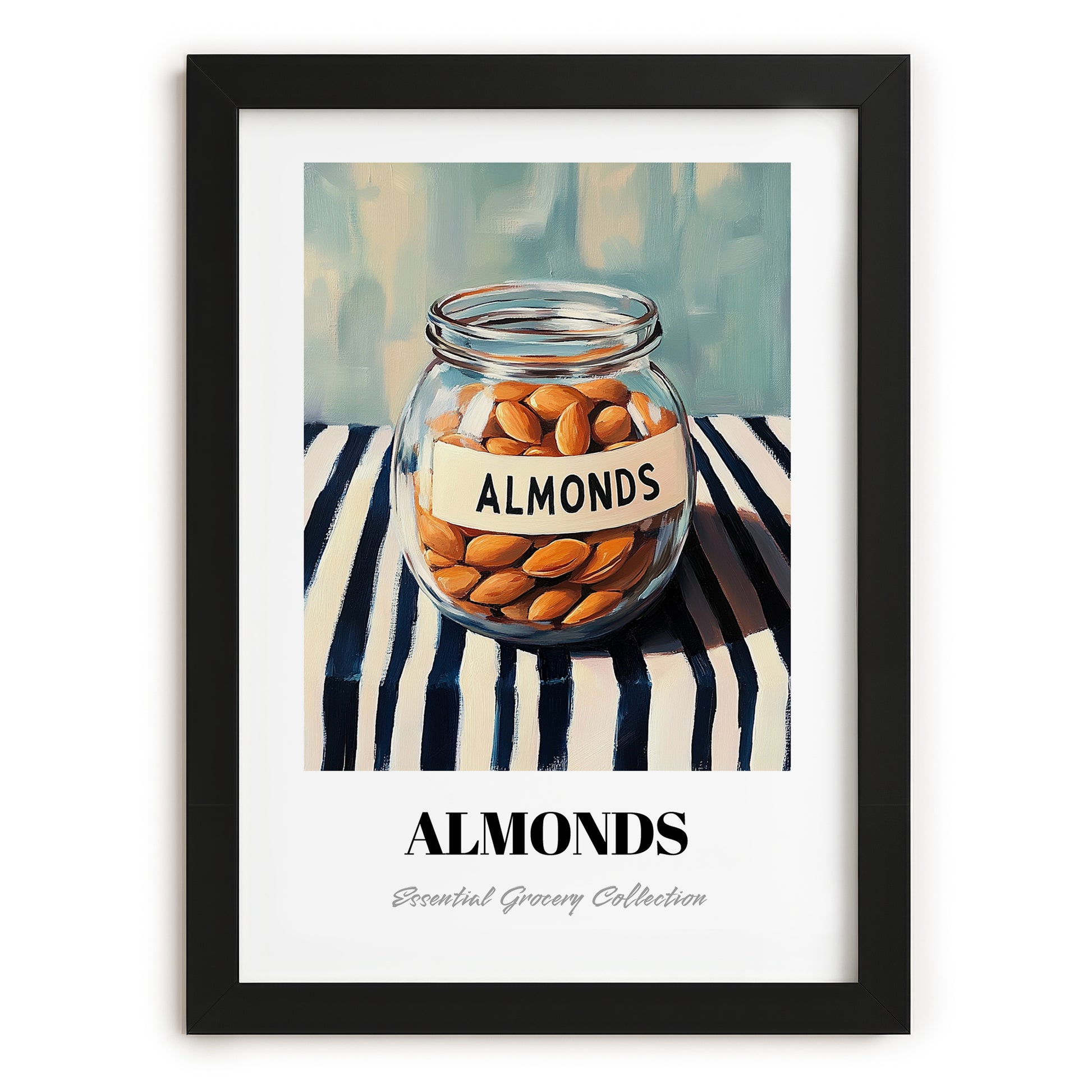 Almonds – on Striped Tablecloth, Nuts Illustration, in sleek black frame