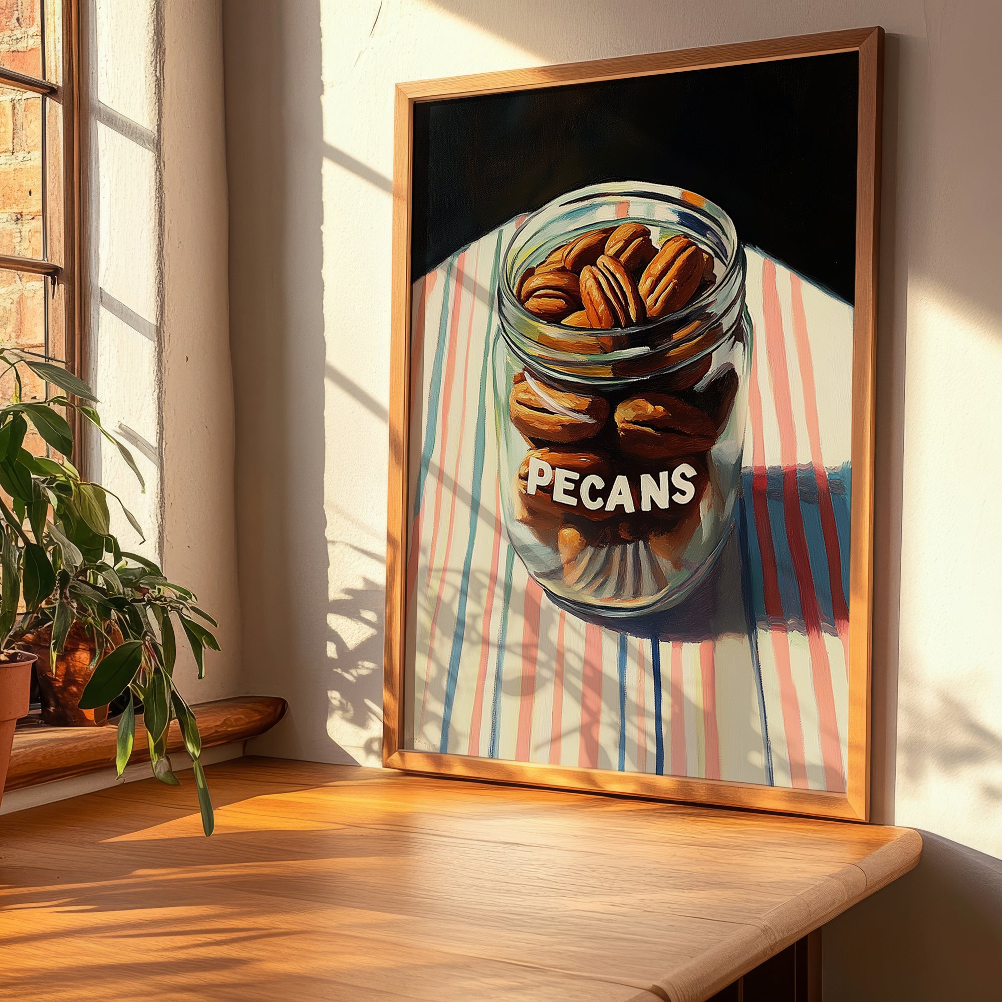 Pecans – on Striped Tablecloth, Nuts Still Life, clean layout with no caption