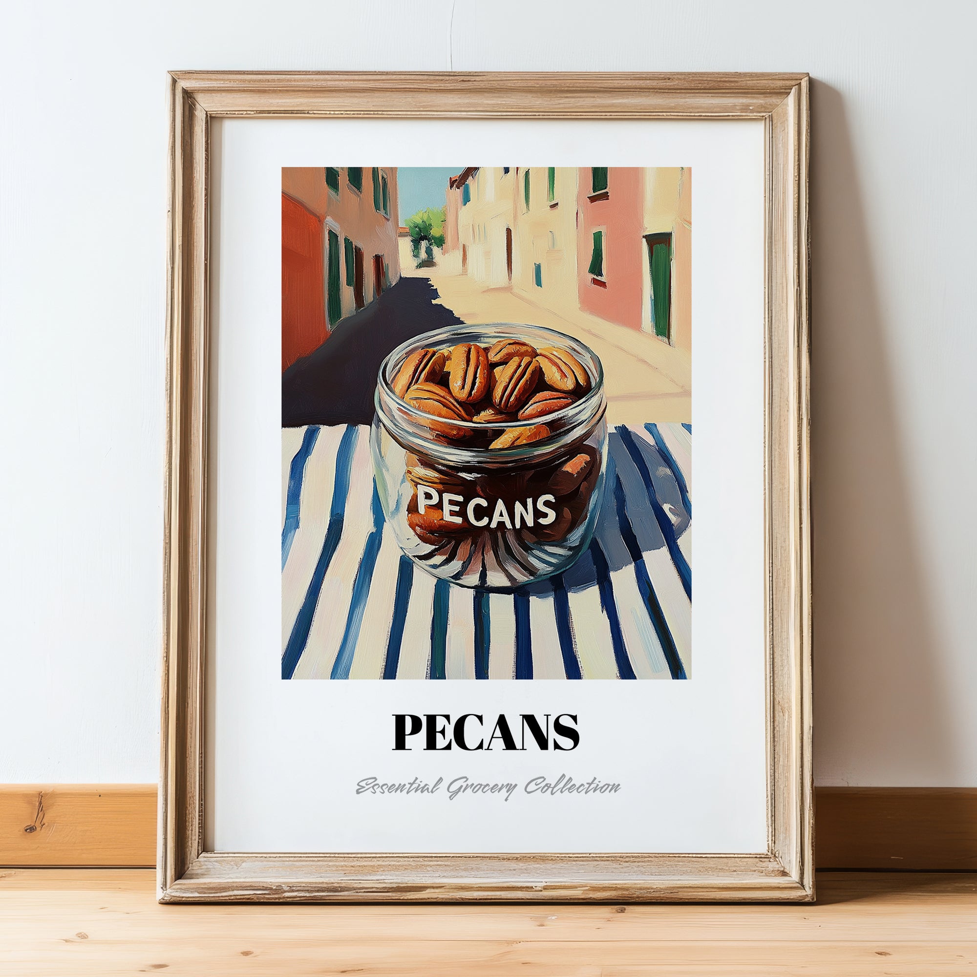 Pecans – Italian Street Café Scene, Nuts Wall Art, in wooden frame leaning on the floor