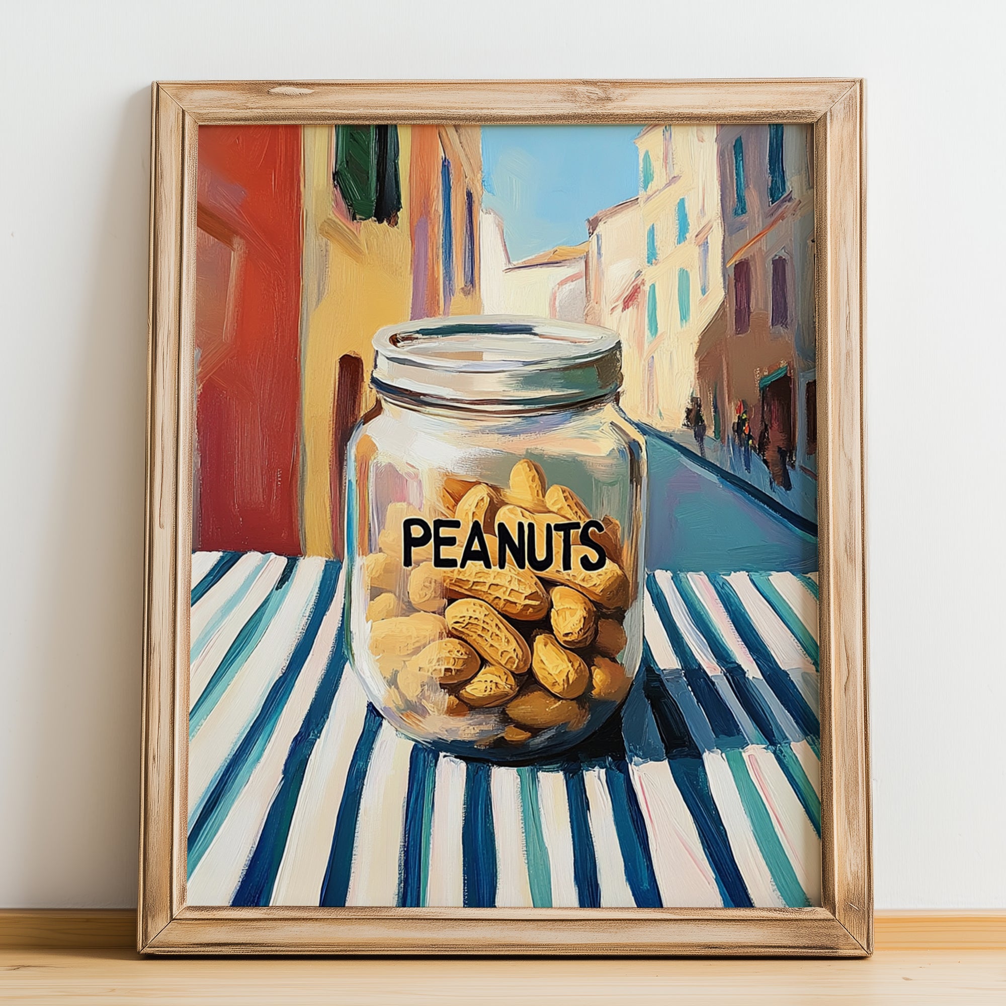 Peanuts – Italian Café on the Corner, Nuts Illustration, no-text version framed in wood