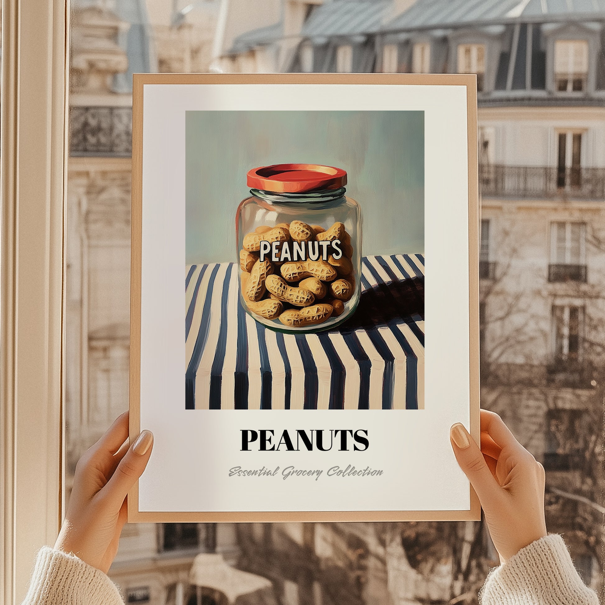 Peanuts – on Striped Tablecloth, Nuts Illustration, styled in a charming Paris street view