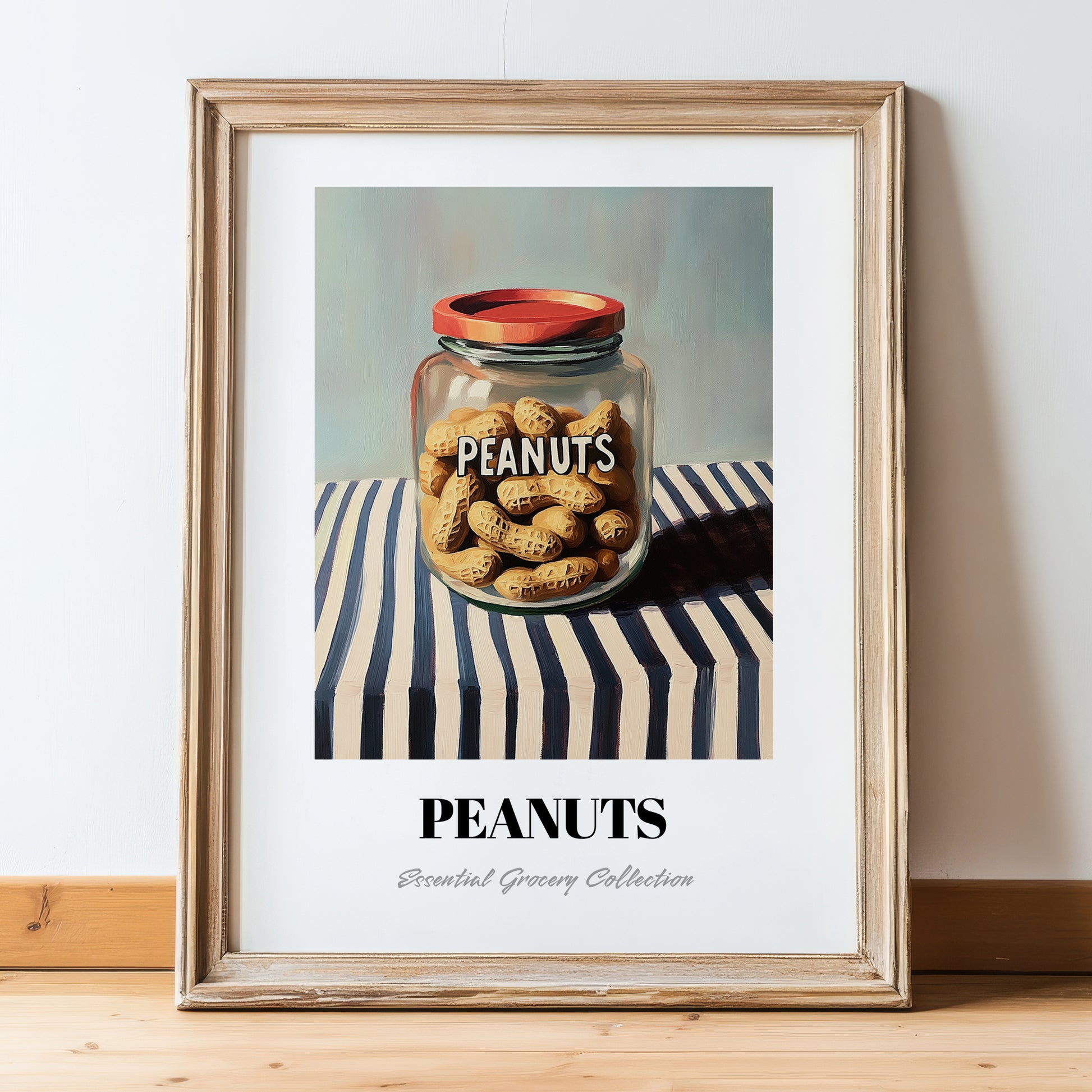 Peanuts – on Striped Tablecloth, Nuts Illustration, in wooden frame leaning on the floor