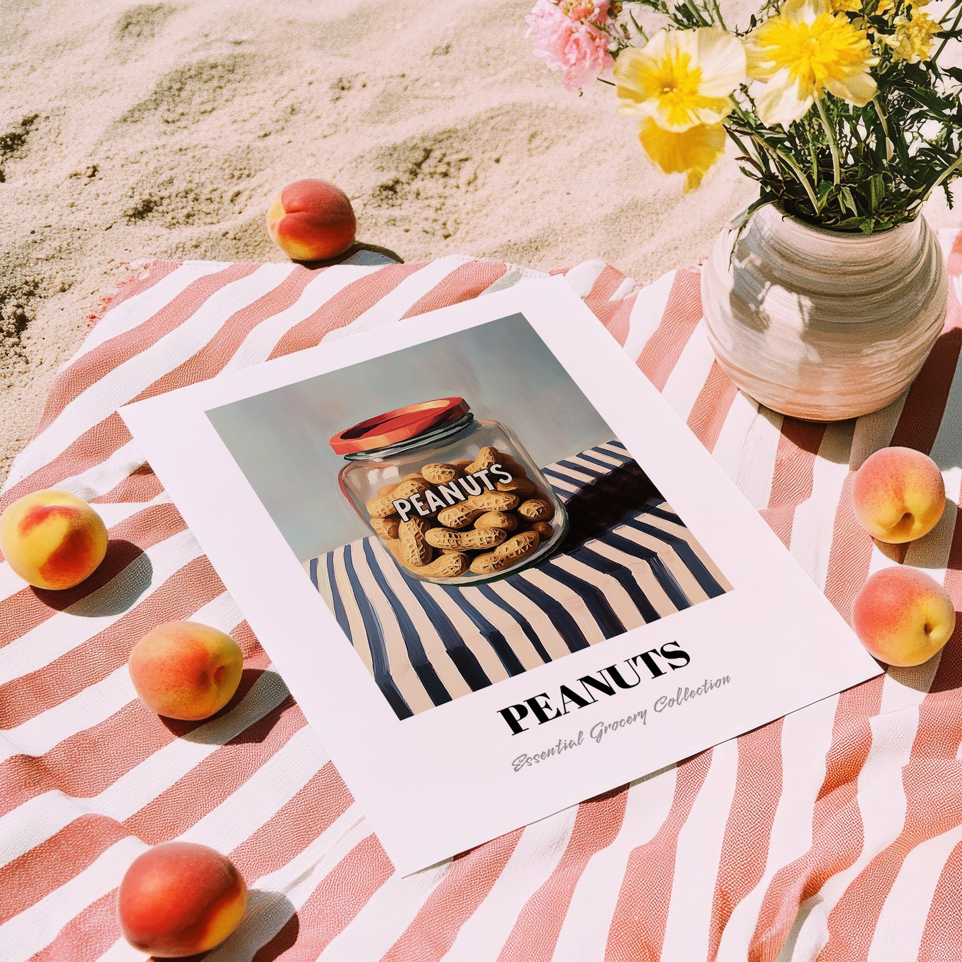 Peanuts – on Striped Tablecloth, Nuts Illustration, unframed on coastal sand
