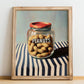 Peanuts – on Striped Tablecloth, Nuts Illustration, no-text version framed in wood