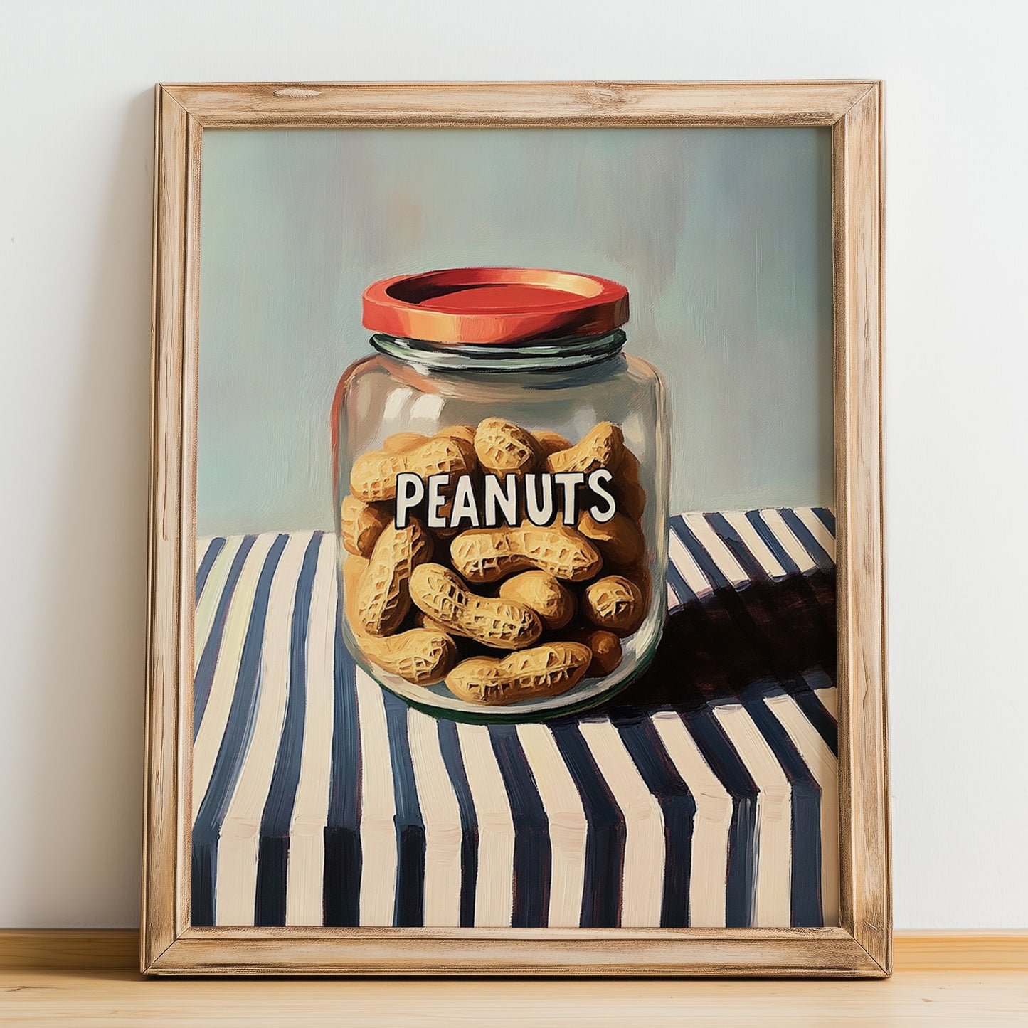 Peanuts – on Striped Tablecloth, Nuts Illustration, no-text version framed in wood
