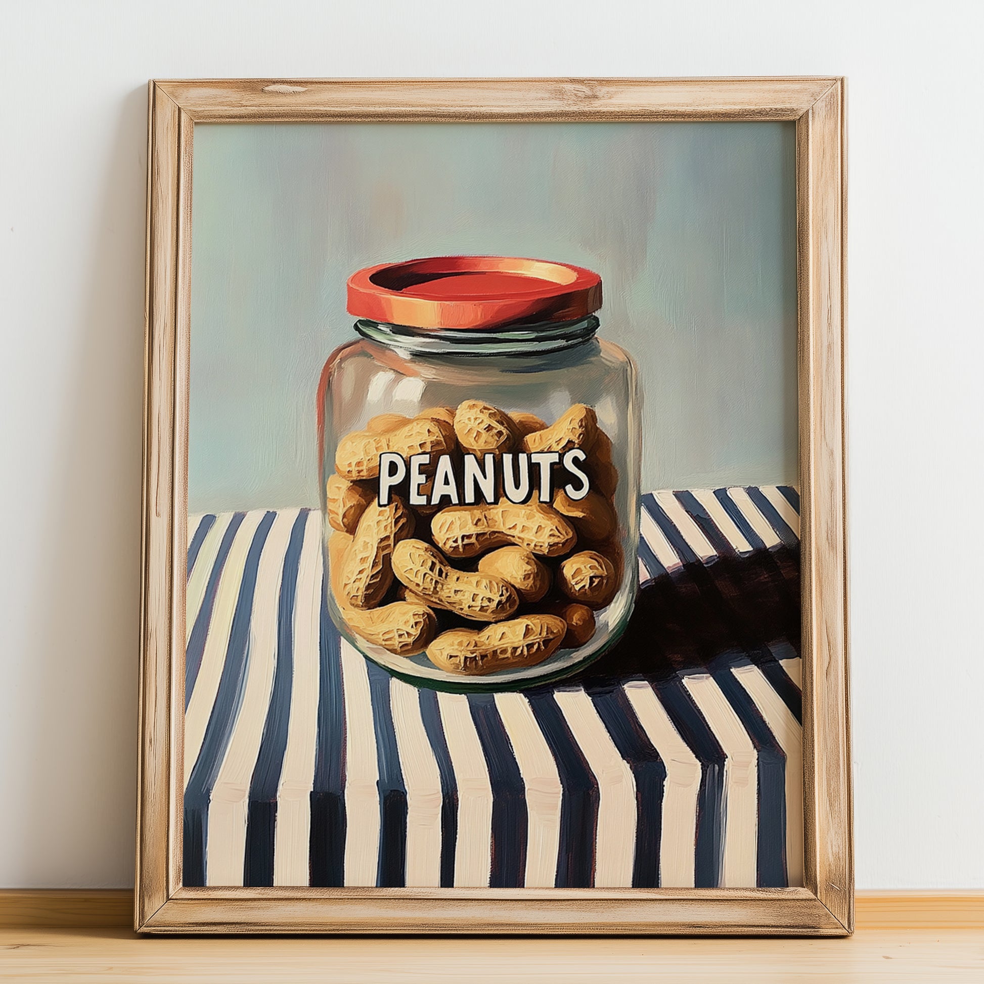 Peanuts – on Striped Tablecloth, Nuts Illustration, no-text version framed in wood