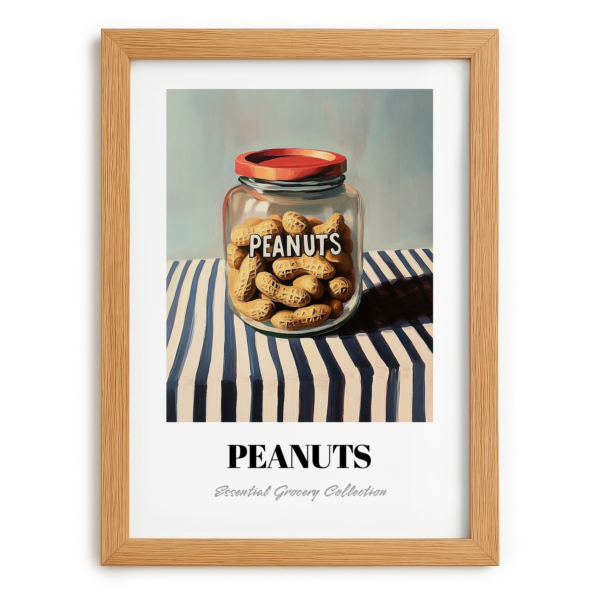 Peanuts – on Striped Tablecloth, Nuts Illustration, set in oak frame
