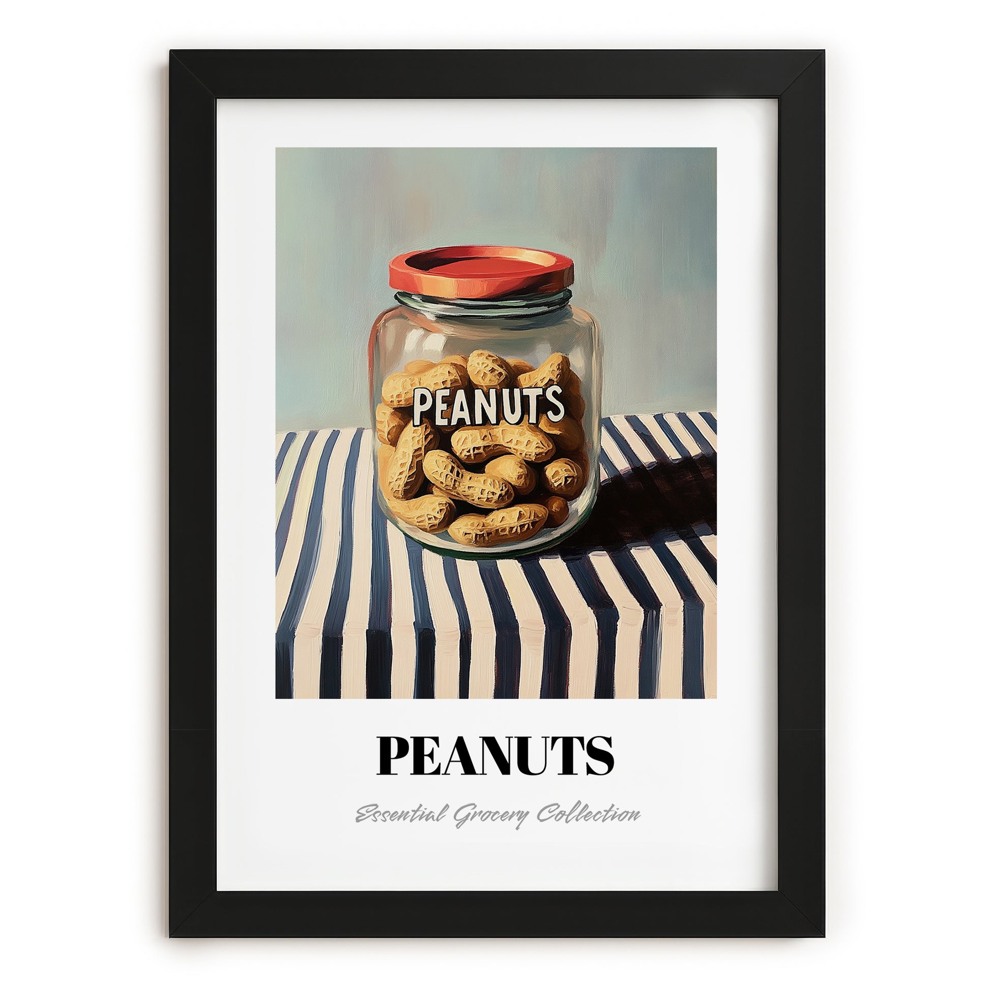 Peanuts – on Striped Tablecloth, Nuts Illustration, in sleek black frame