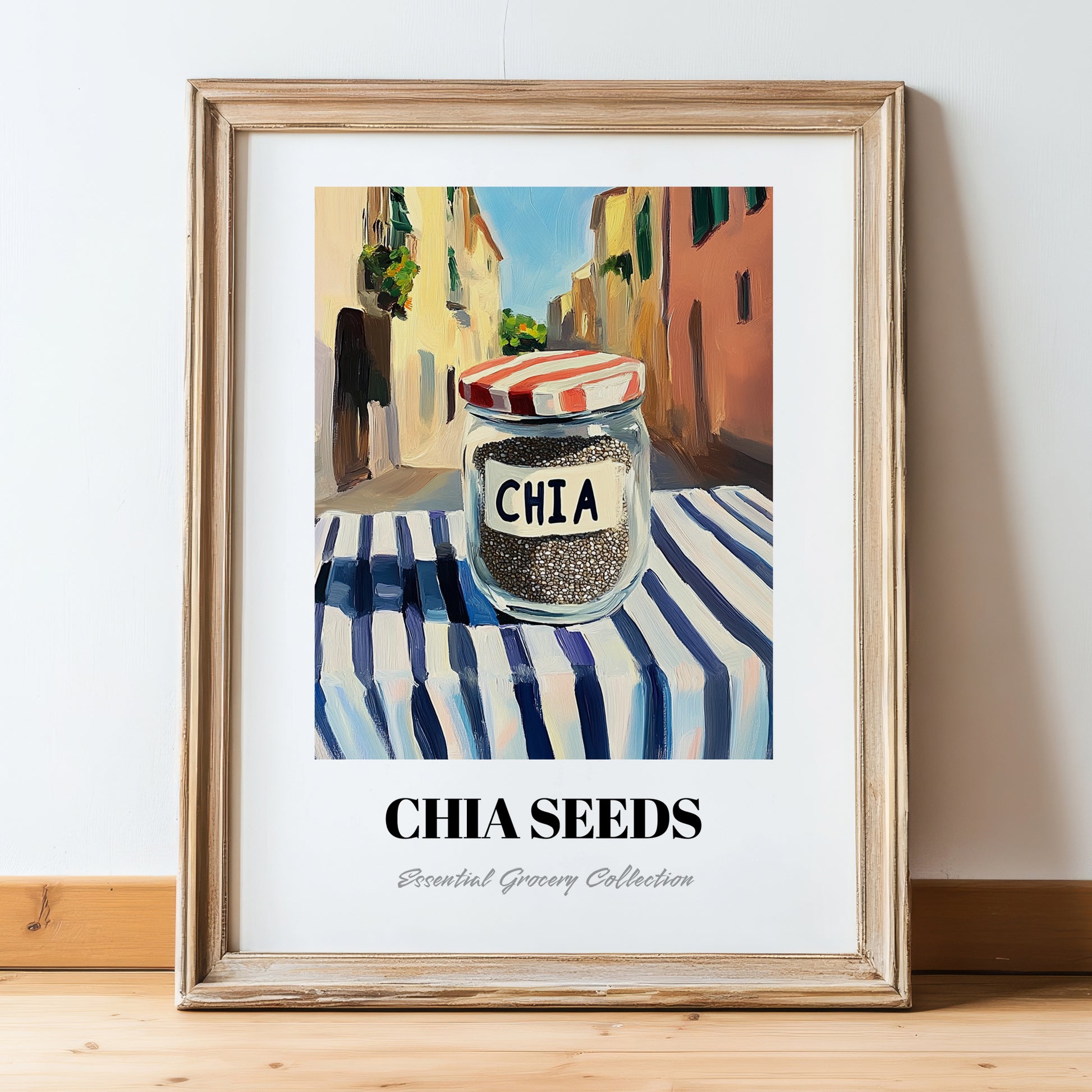 Chia Seeds – Italian Street Café Scene, Nuts Poster, in wooden frame leaning on the floor