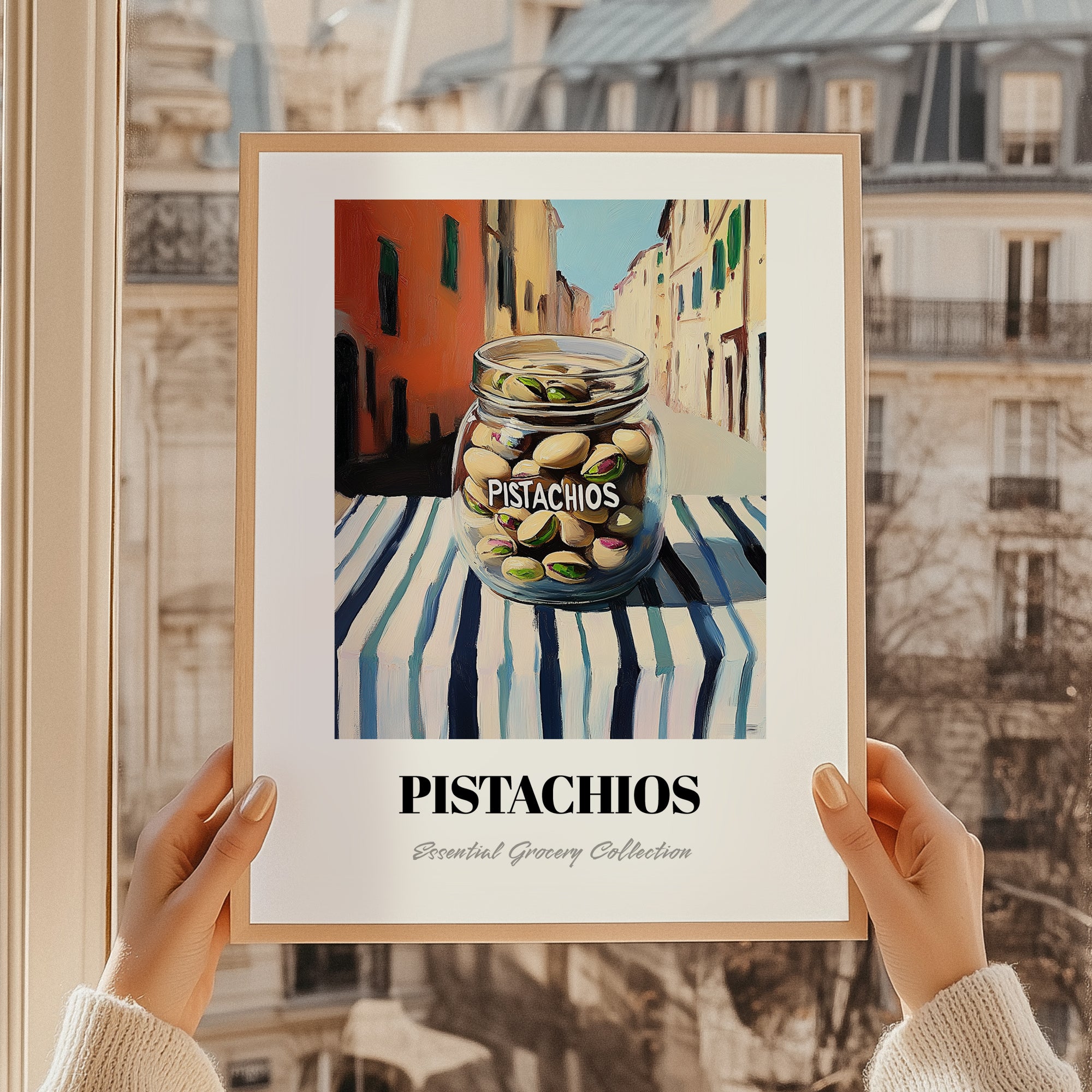 Pistachios – Italian Urban Café Scene, Nuts Wall Illustration, styled in a charming Paris street view